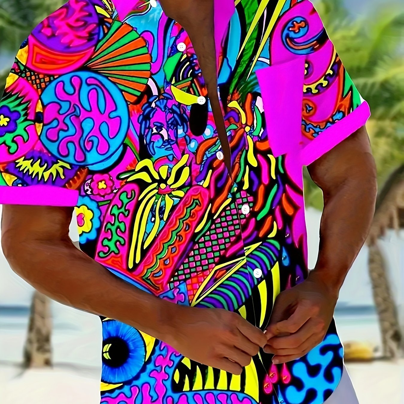 E-shop Herren Kurzarmhemd, Abstrakte Kunst 3D Digitaldruck, Retro Stil, Polyester Material, Figurbetont, Knopfleiste vorne, Taschendesign, Sommer