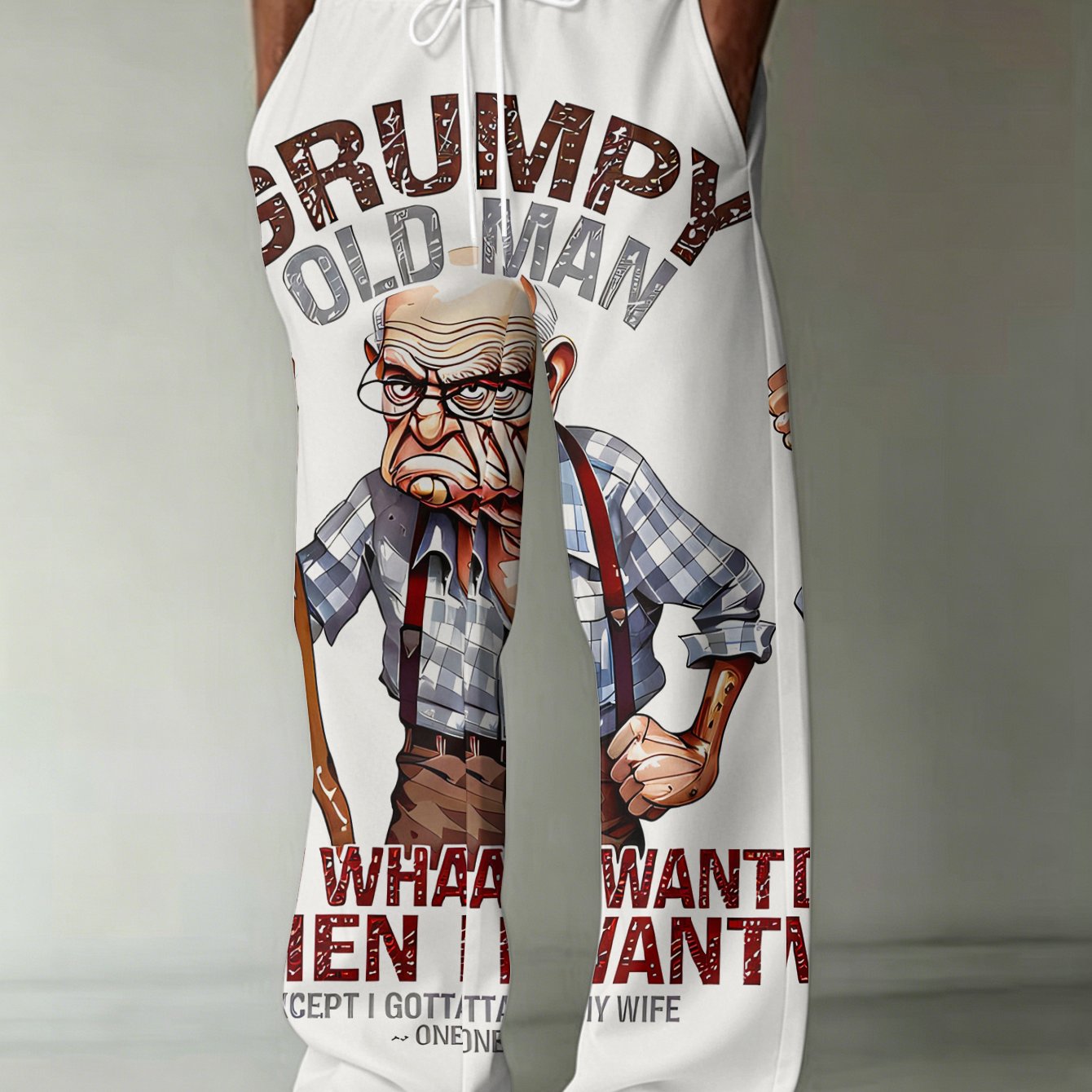 TEMU Fashion Print Men's Trousers Old Man Holding A Cane, Going His Own Way, Obeying His Wife's Orders Pattern, With Pockets, Drawstring Straight-leg