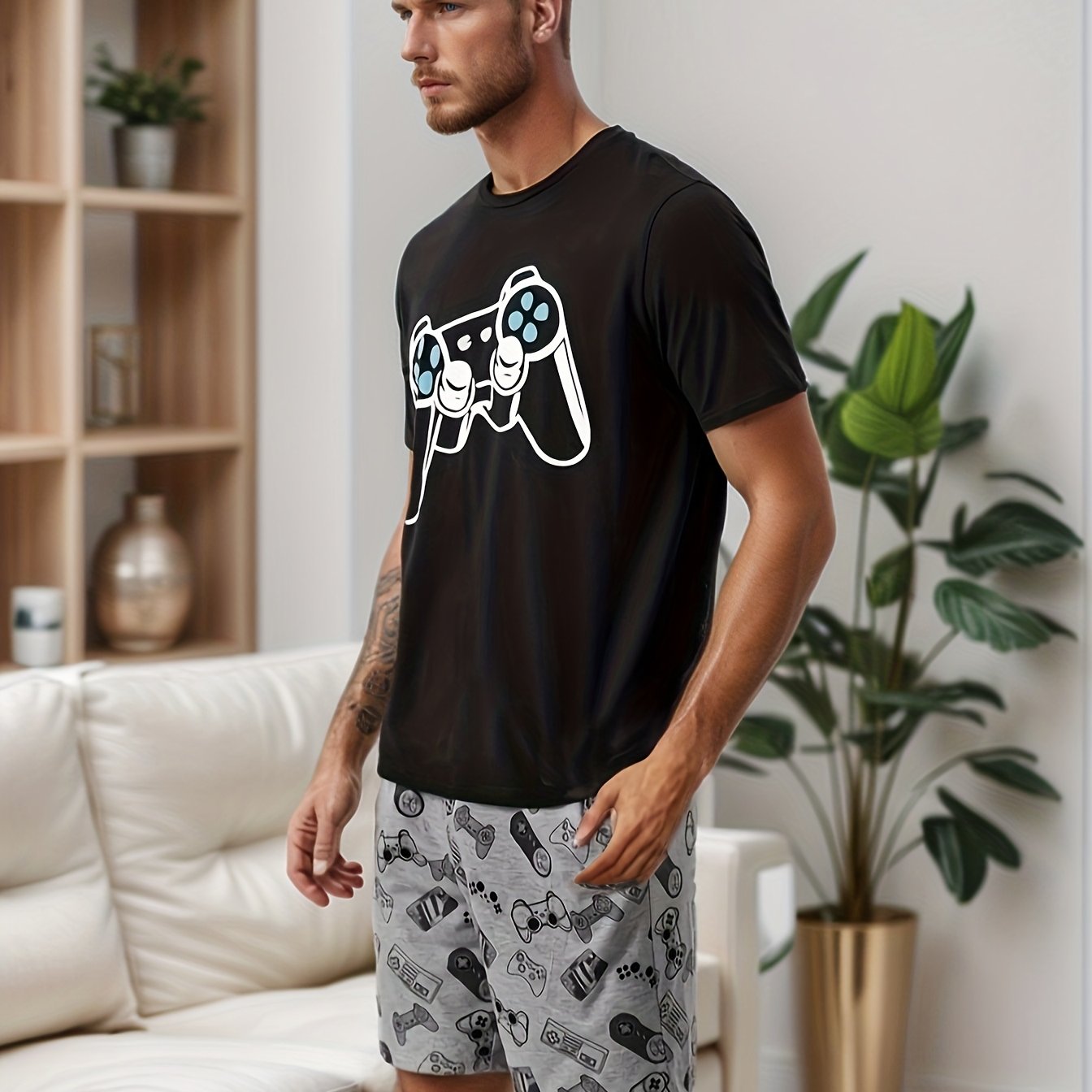 TEMU Completo da con pantaloncini corti a maniche corte e stampa a motivo da gioco, abbigliamento casual da casa