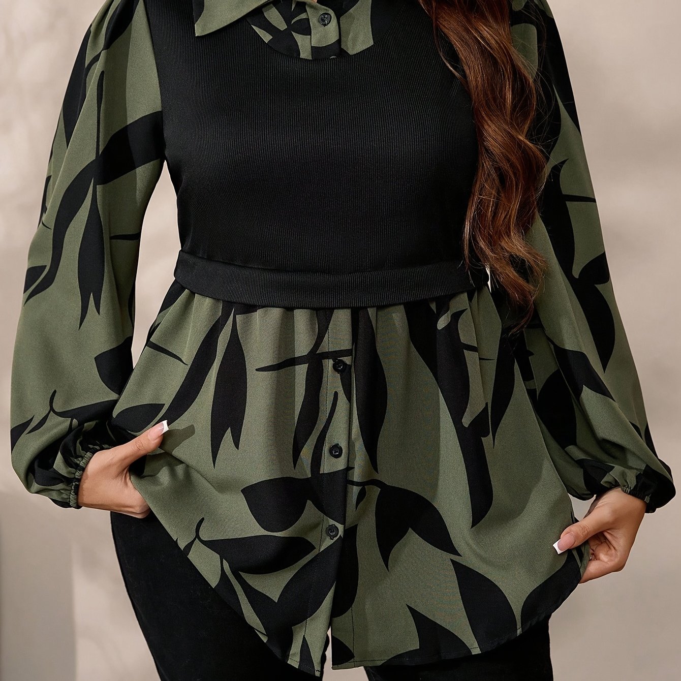 TEMU Plus Size, Plus Size Women's Floral Leaf Print Top