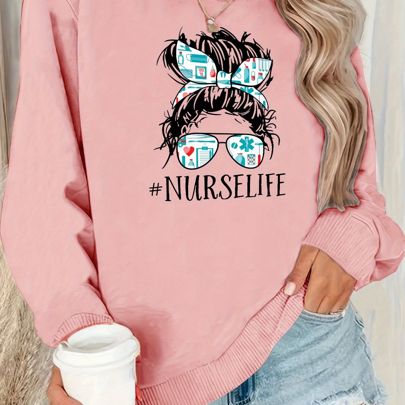 TEMU Nurse Life Print Sweatshirt, Crew Neck Casual Sweatshirt For Fall & Spring, Women's Clothing