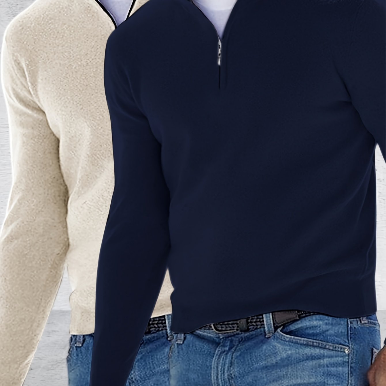 Image of 2pcs Men's Quarter Zip Sweater, Casual Knitted Turtleneck Pullover, Half Zip Up Mock Neck Sweater, Business Casual Dress Cashmere Sweaters, Warm And Soft Wool Texture Sweatshirt Tops