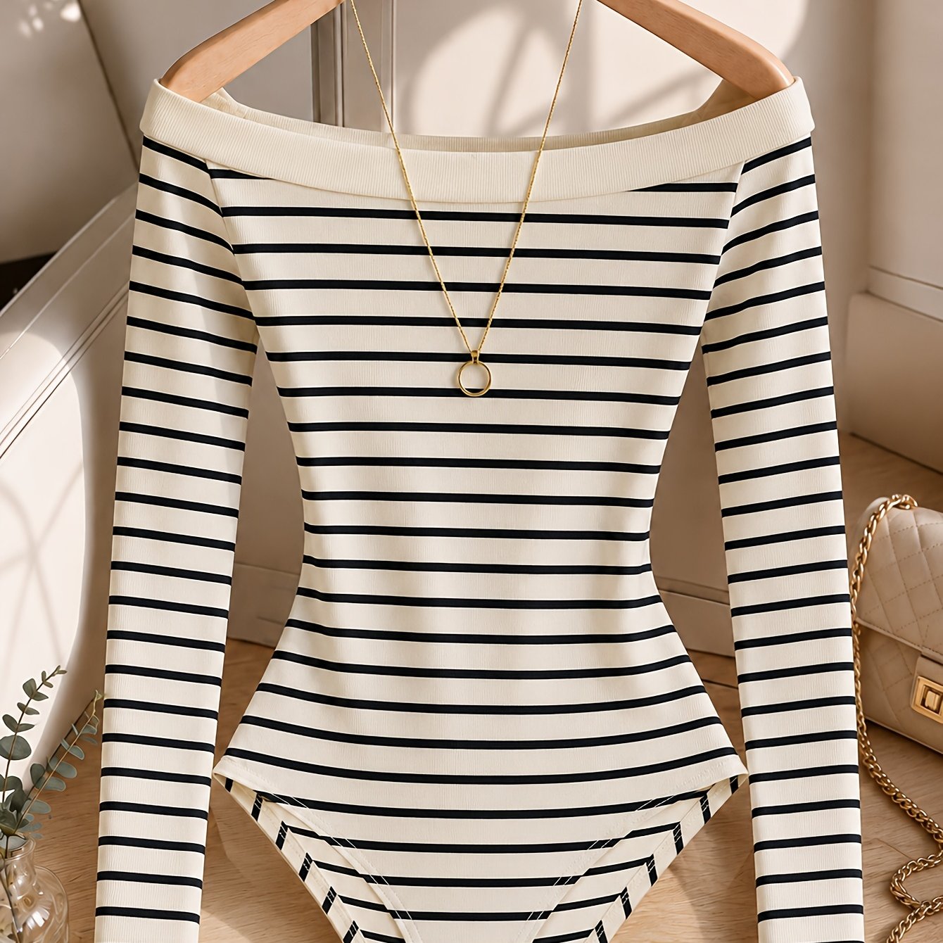 TEMU Autumn/winter Off-the-shoulder Striped Long-sleeve Bodysuit For Women, Off-shoulder Inner Wear Bodysuit Top, Figure-hugging Ribbed Base Layer