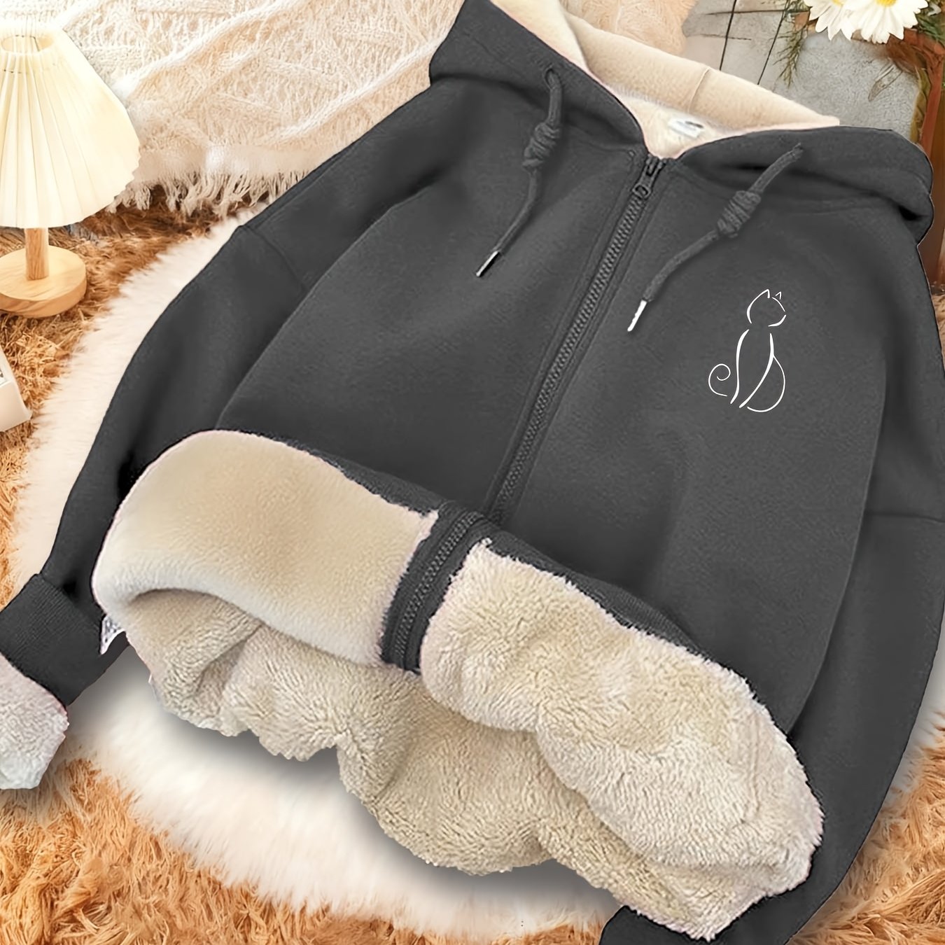 TEMU New Women's Fleece Thickened Zipper Cardigan, Premium Printed Jacket, Warm Hooded Sweater With Pockets, Loose And Relaxed Style Versatile Top,