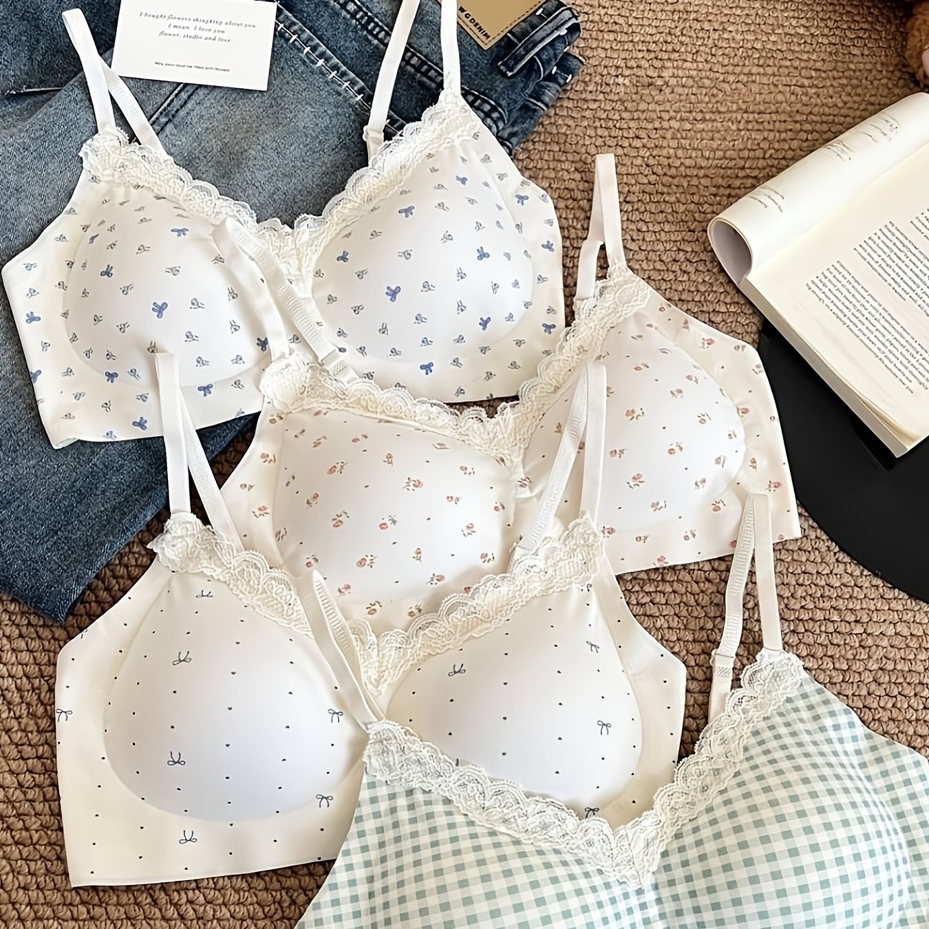 TEMU Set Of 4 New Floral Camisole Bras For, Featuring Fixed Cups To Prevent Wardrobe Malfunctions And Enhance Small Busts