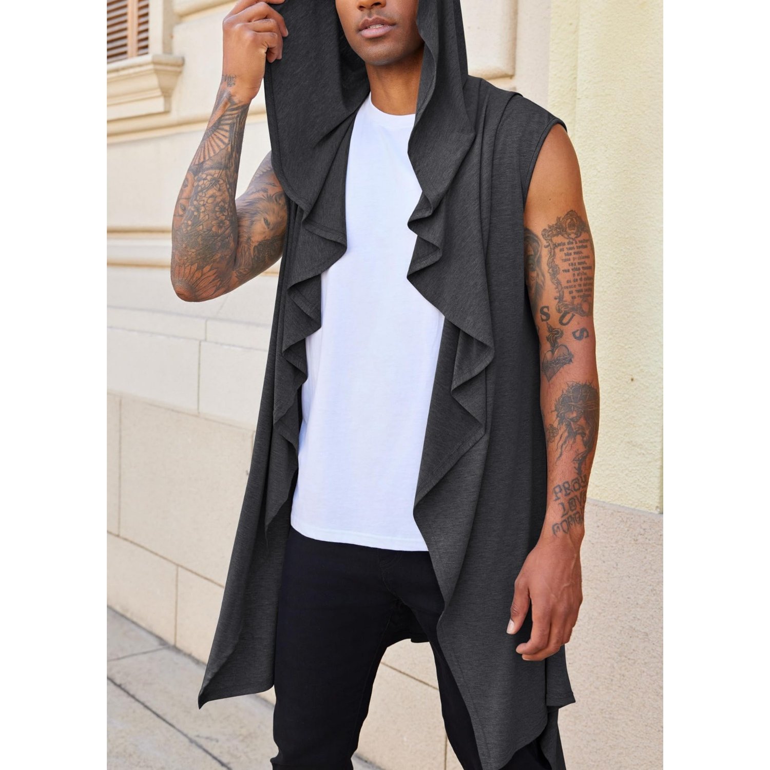 Plus Size Men's Ruffle Jacket Long Hooded Sleeveless Scarf Collar Cardigan Draped Plain Lightweight Cape Coat, Plus Size