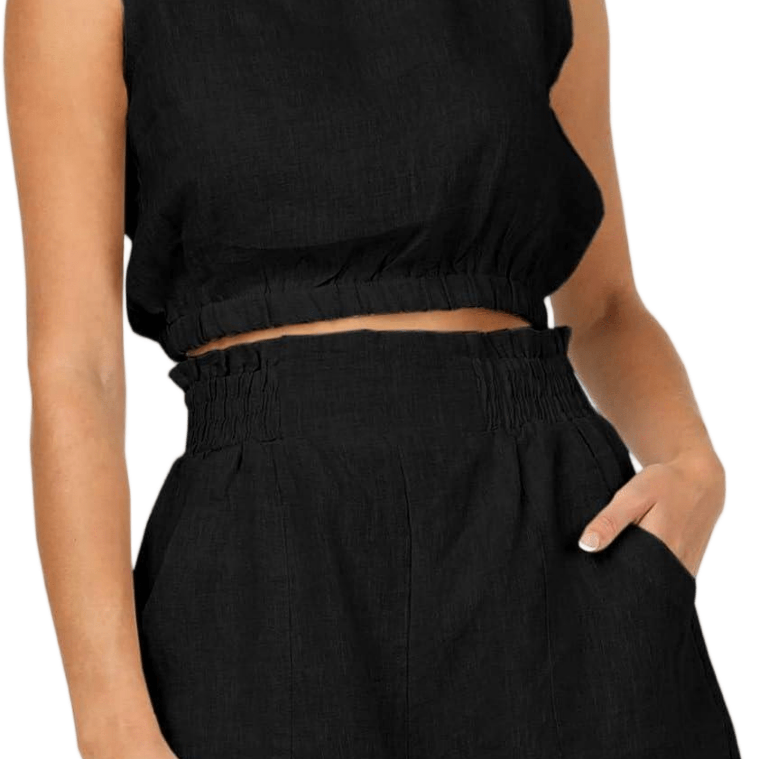 Image of Women's Summer 2pcs Outfit Sleeveless Crop Tank Top High Waist Pocketed Shorts Loose Casual Short Sets