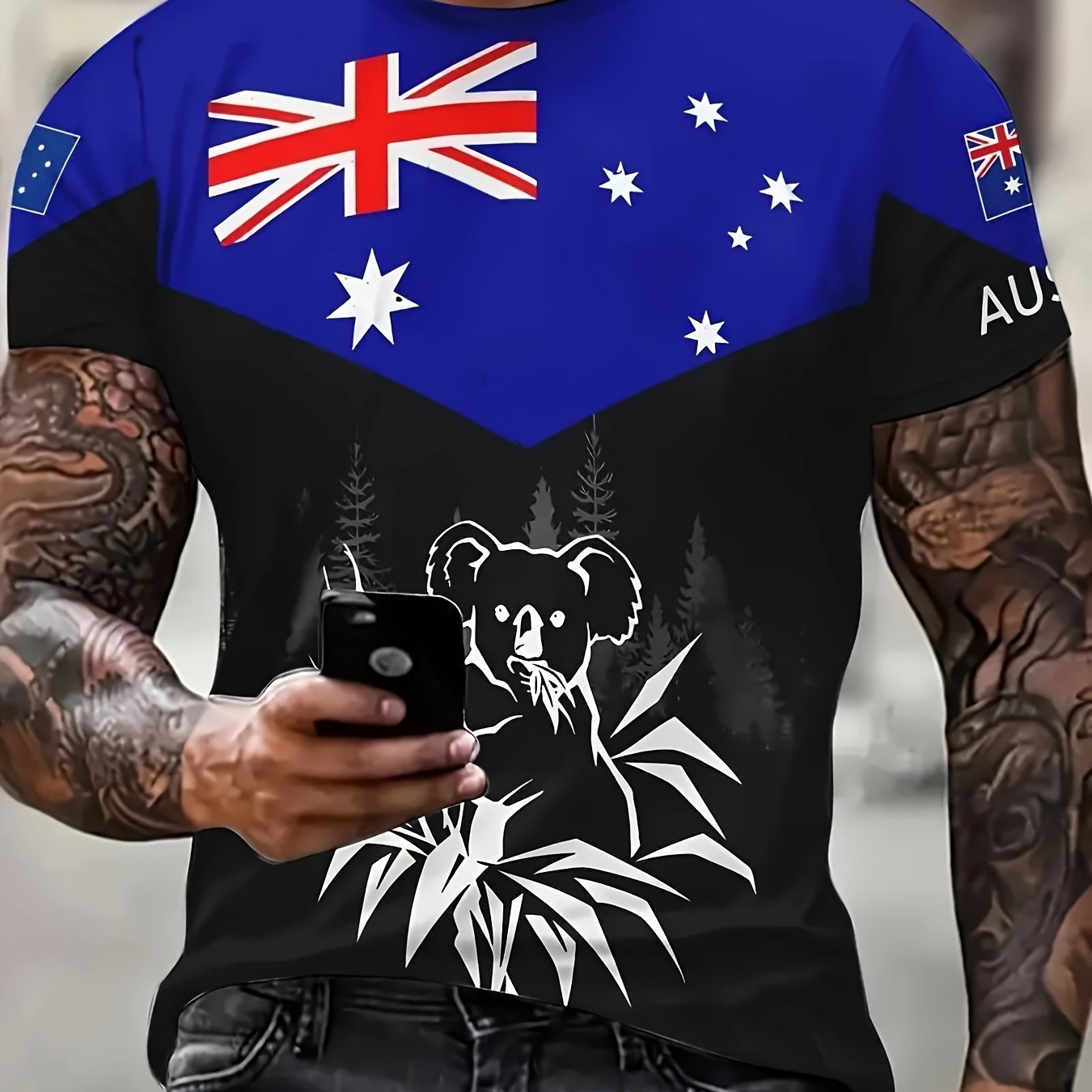 TEMU 1pc Men's Australian Flag & Koala 3d Print T-shirt - Casual Round Neck Short Sleeve Tee, Breathable Polyester, Regular Fit Pullover For