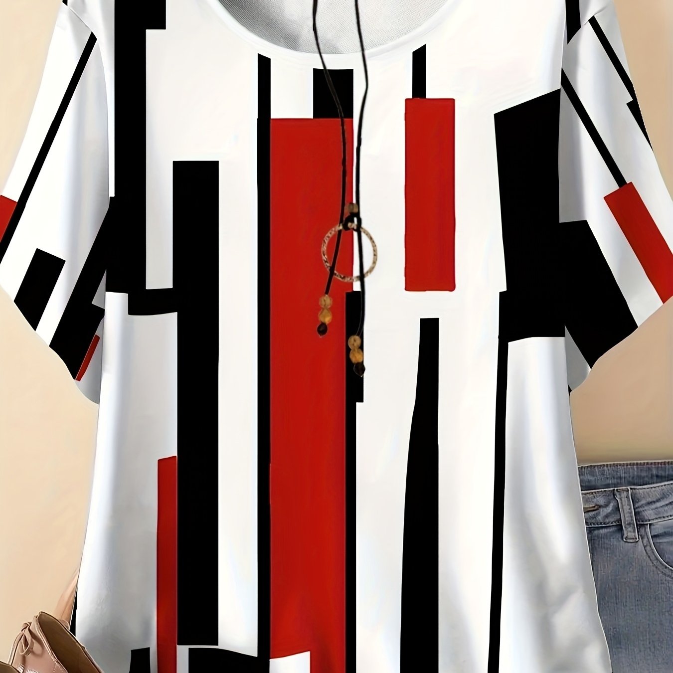 Plus Size - Plus Size - Plus Size Casual Vacation Comfortable Elegant Style Geometric Pattern Easy Element Print Pattern Women's Round Neck Short Sleeve T-shirt