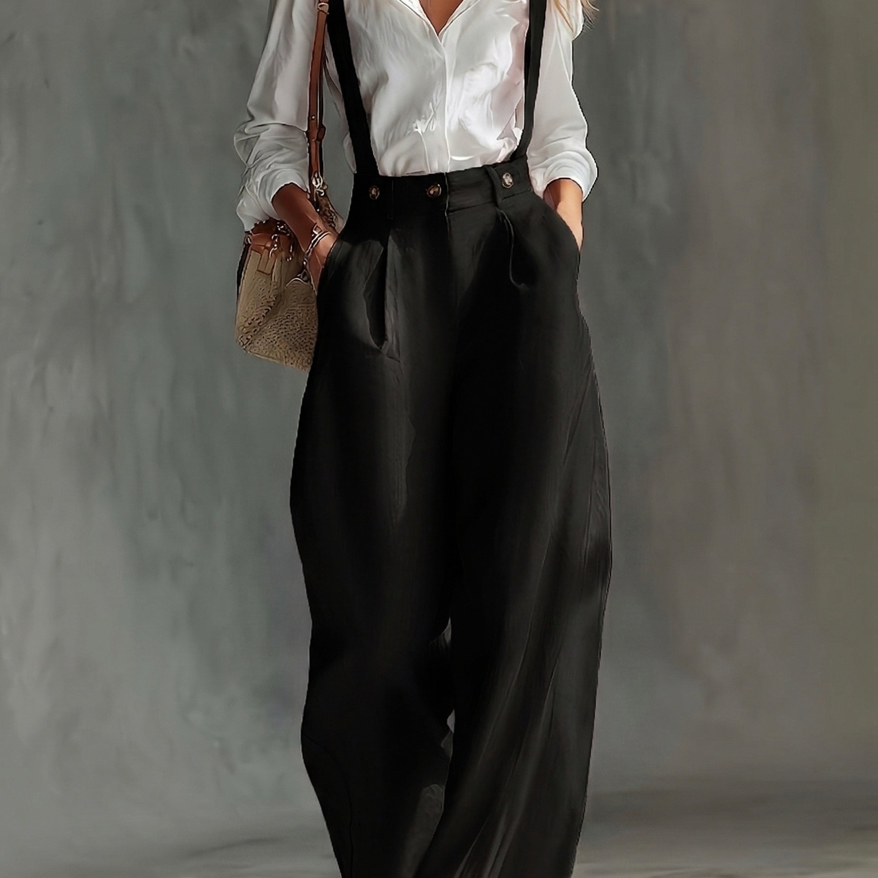 TEMU Spring And Autumn High-waist Pleated Suspender Pants, Vintage Temperament Commuter Casual Trousers