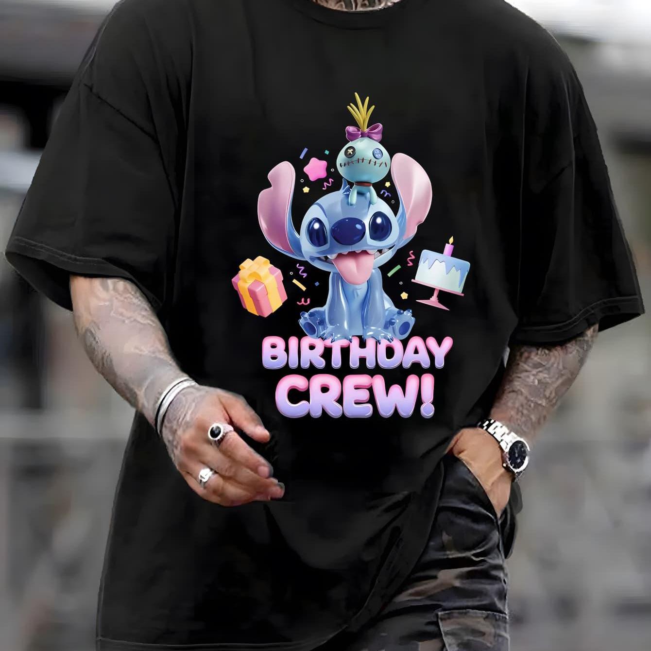 TEMU Stitch Birthday Crew Men's Cotton T-shirt - Black, Casual Short Sleeve Tee With Graphic Design, Comfortable Summer Outfit For Men, Sizes S~xxxl, Festive Clothing | Trendy Tshirt | Shirt, Shirts