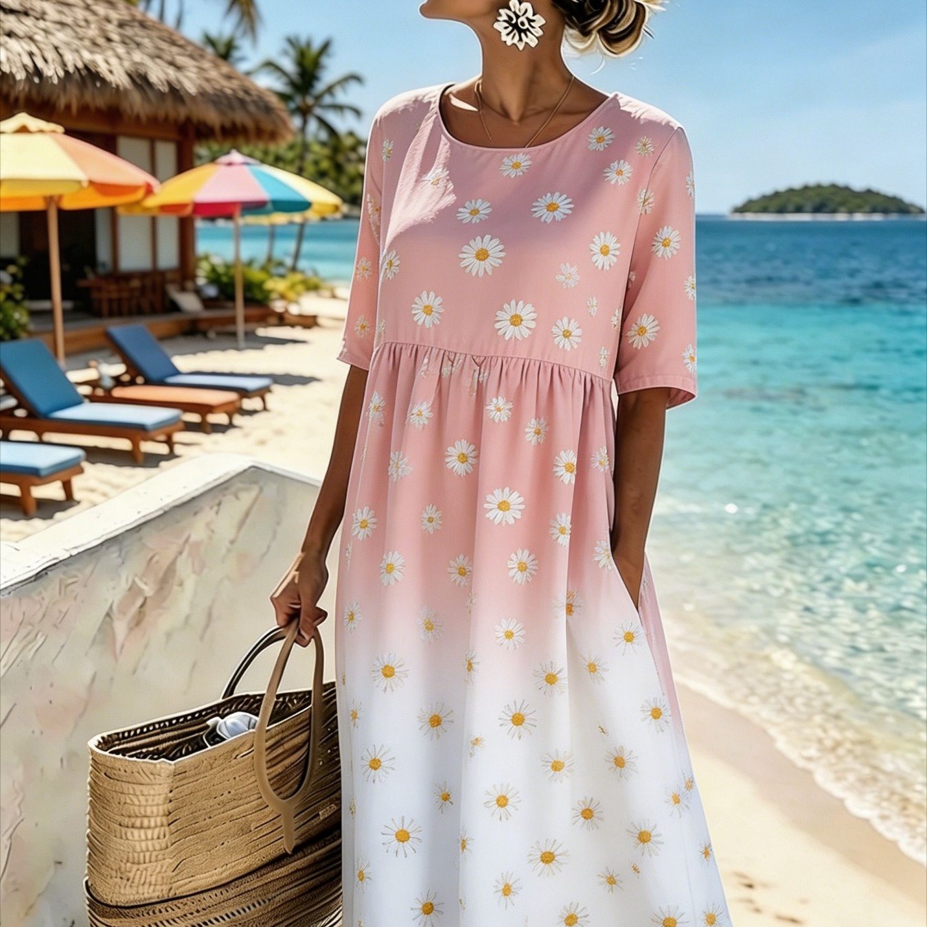 Women's Elegant Midi Dress - Casual 3/4-sleeve, Crew Neck, Loose-. Machine Washable. A Comfortable Beach And Vacation Dress, Perfect For Travel, Getaways, And Everyday