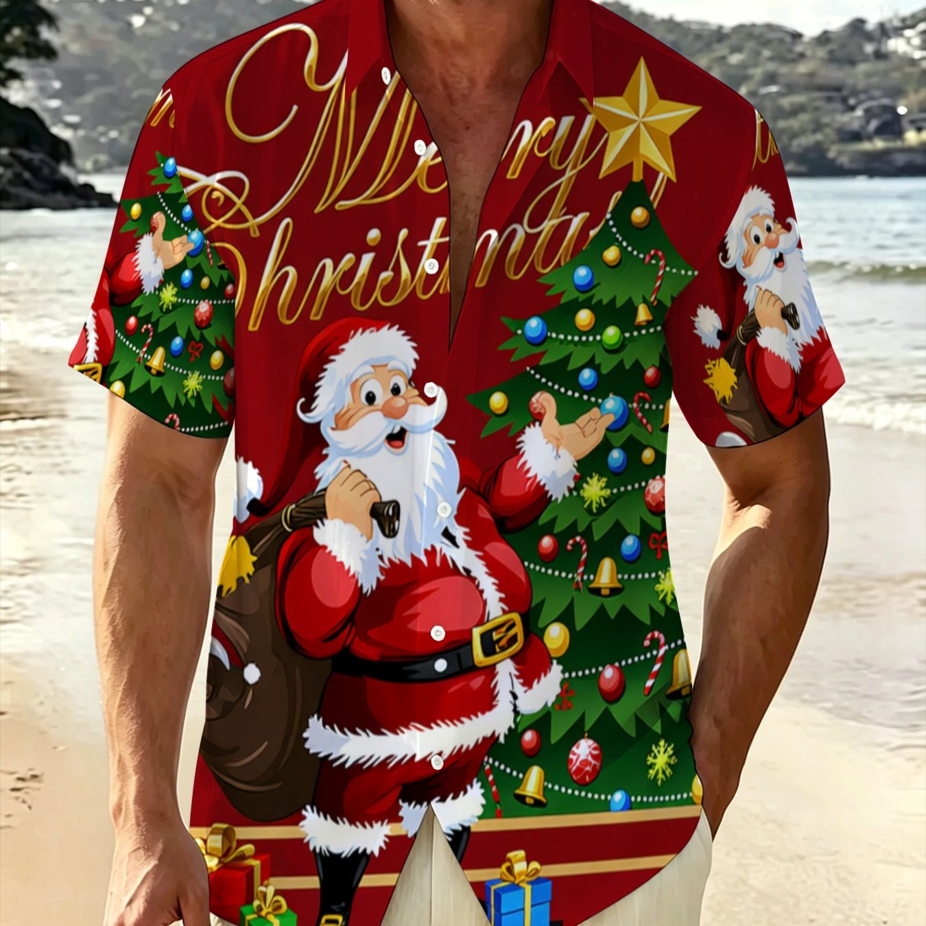 TEMU Men's Christmas Printed Short Sleeve Shirt Loose Casual Hawaiian Style Vacation Beach Top 2026 Party Festive Santa Claus Pattern Shirt Women's