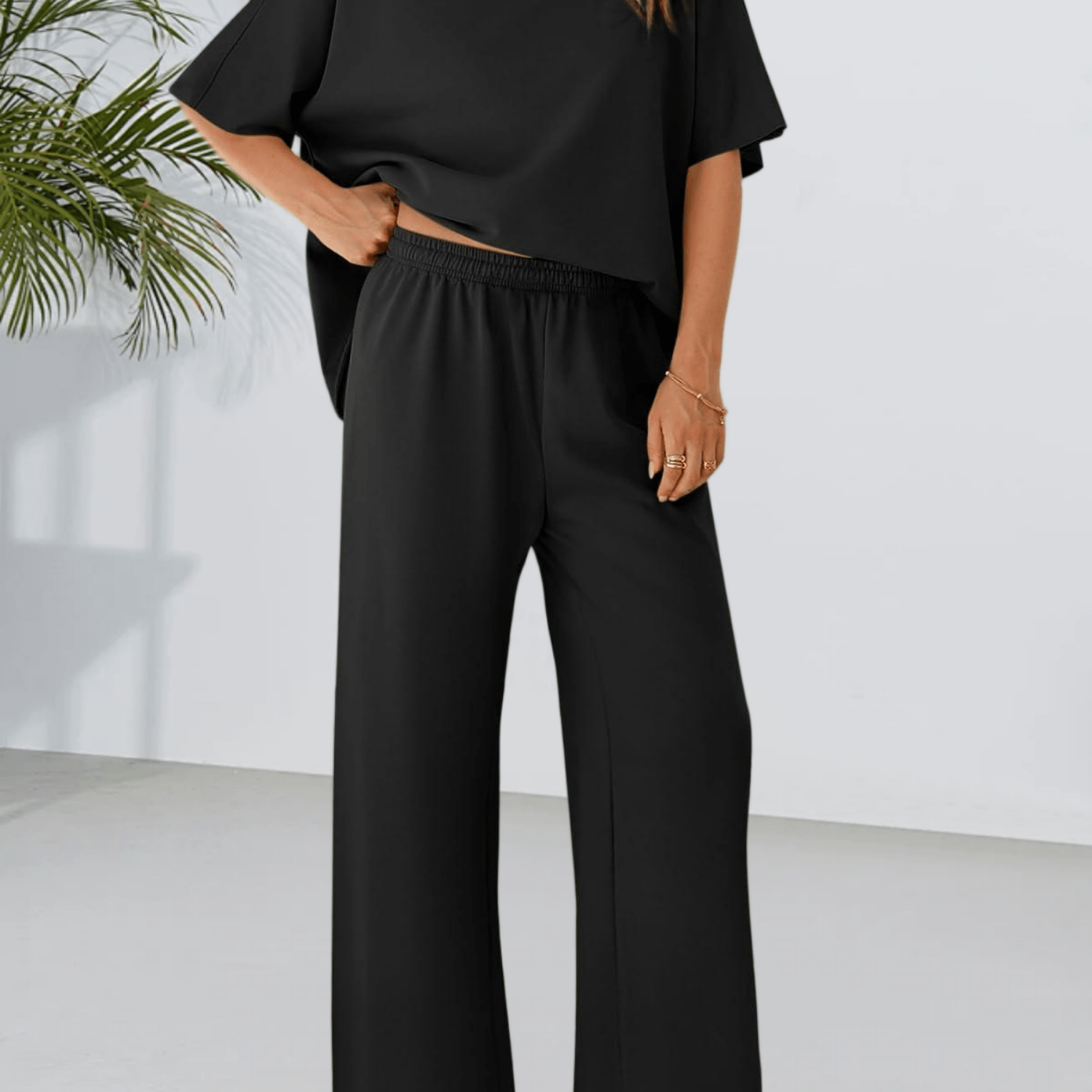Image of Women's 3/4 Batwing Sleeve Capelet Top Wide Leg Pants 2pcs Lounge Travel Set