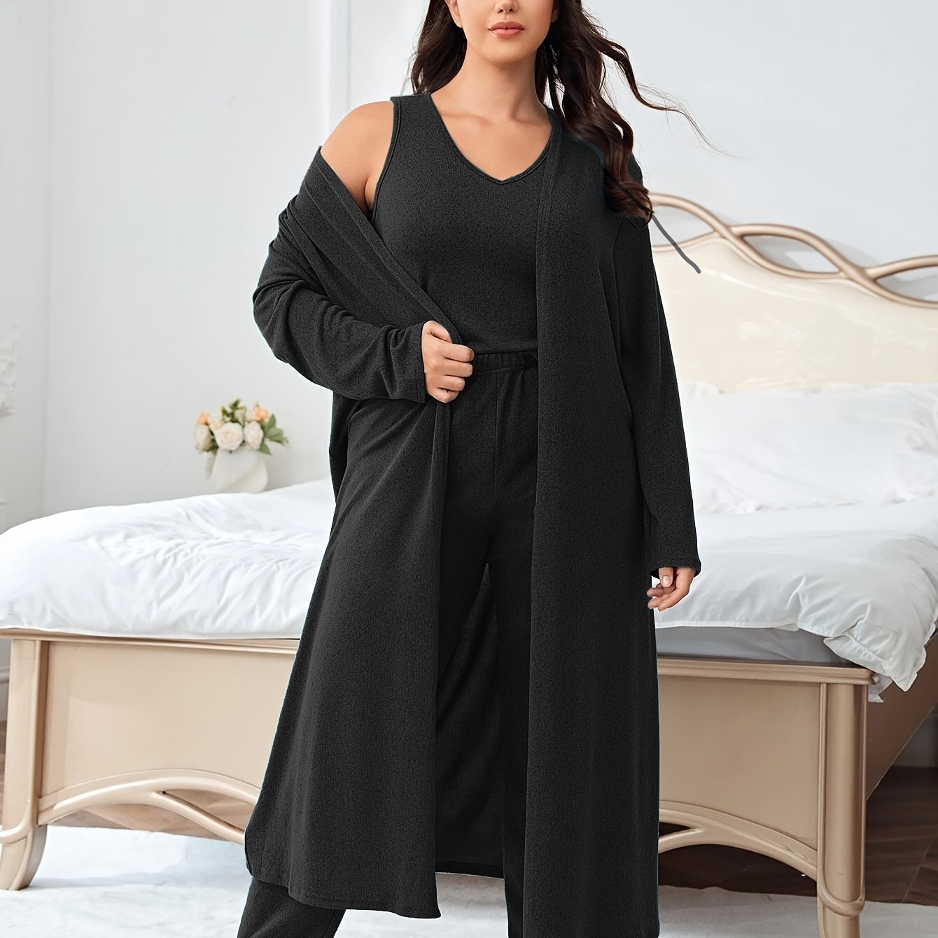 Women's Plus Size Fashion Homewear Set: Vest, Jacket, And Pants 3pcs Combination Practical Homewear Set