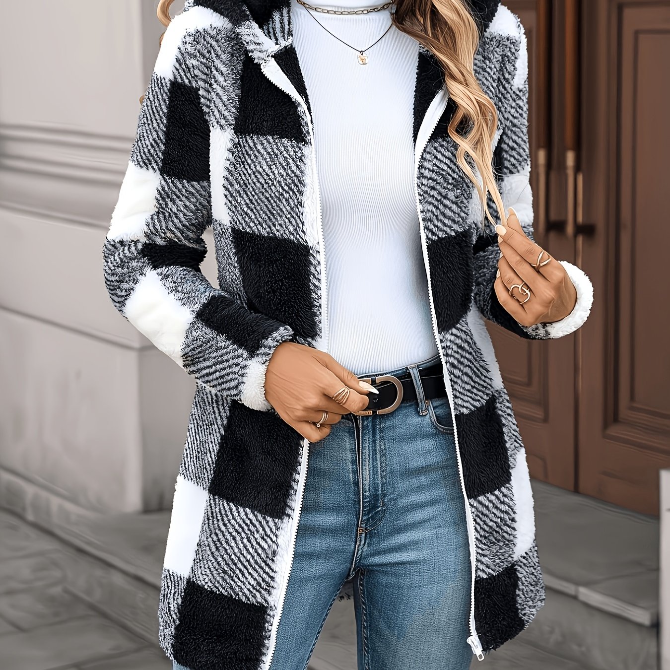 TEMU 2026 Autumn Winter New Product, Pattern Suede Coat, Hooded Regular Shoulder Sleeve Mid-length Coat, Front Opening Zipper Design, Women's Winter