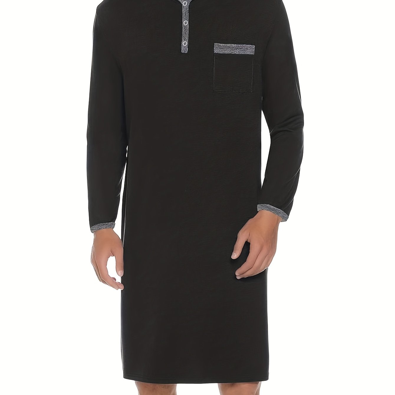 Image of Men's Soft And Comfortable Loungewear Nightgown V-neck Color-blocking Sleep Dress, Autumn & Winter, Slim Fit, , , Color-