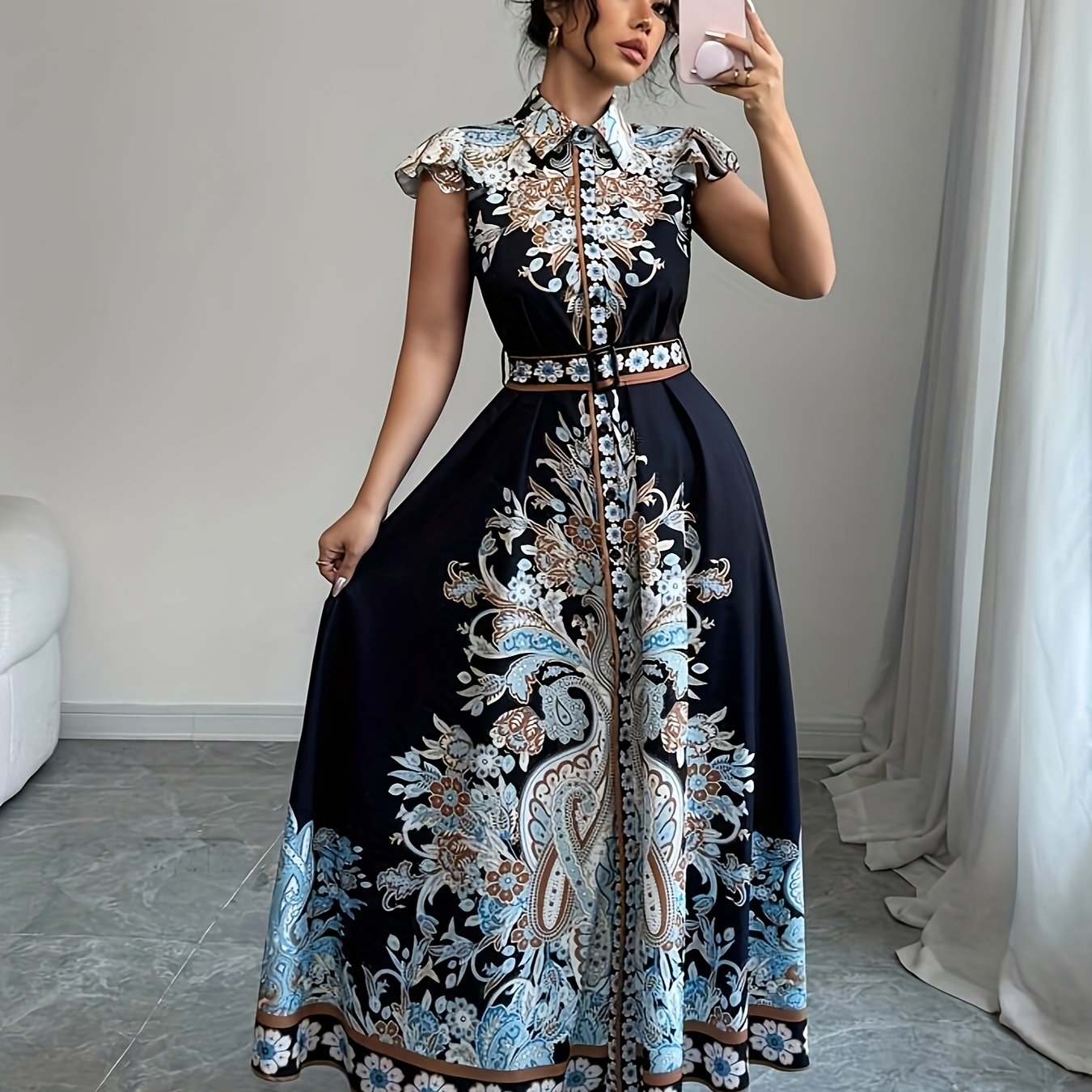 E-shop Damens Elegantes Paisleymuster A-Linien-Kleid mit Knopfband und Rüschenärmeln - Sommerliches Freizeithemdkleid, Maschinenwaschbar, Nicht