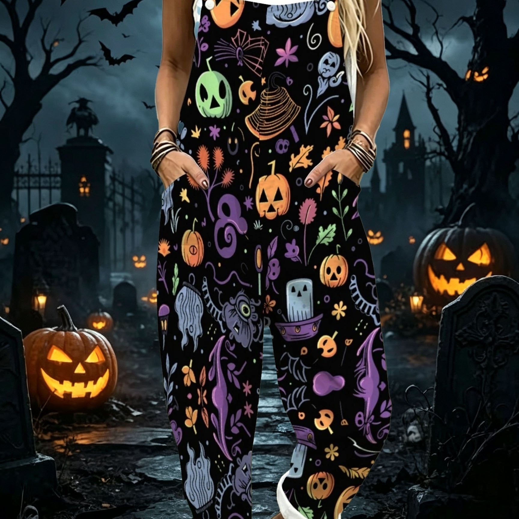 item picture womens casual sleeveless overalls with lantern pumpkin print loose fit button front pants suitable for vacation daily wear pockets machine washable outfits for fall outfits and layering