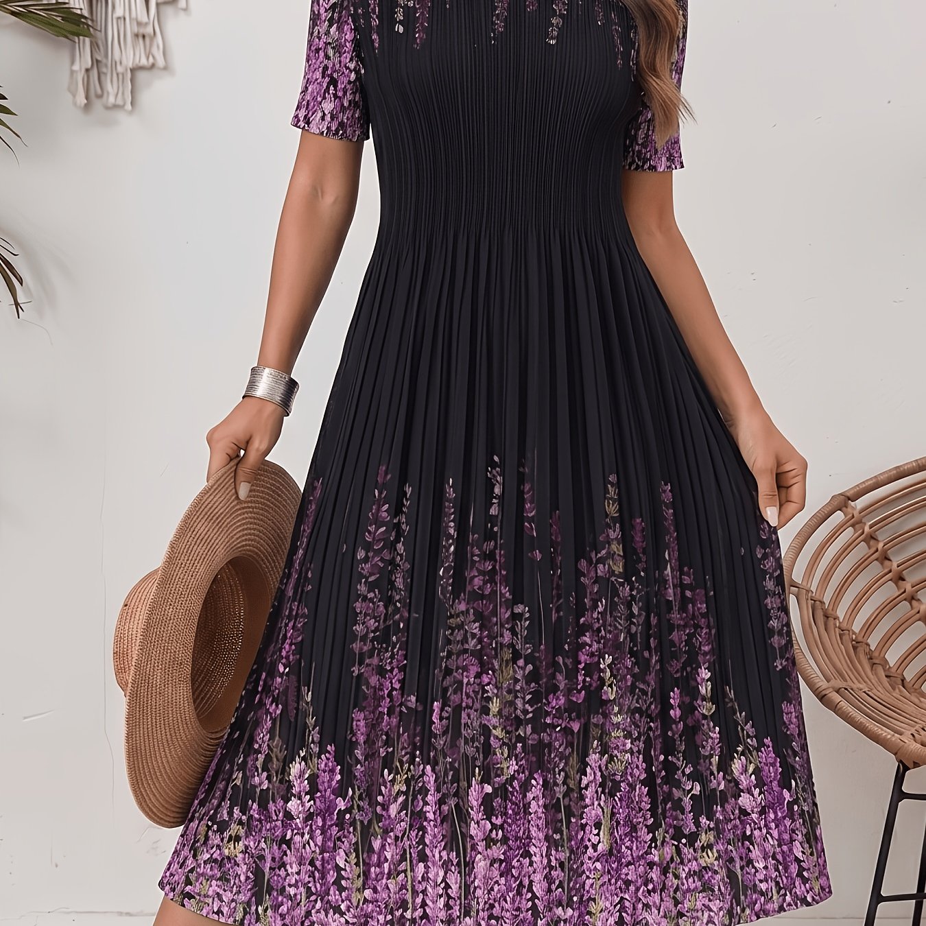 TEMU Plus Size, Women's Elegant Floral Print Short Sleeve Dress - Stretchy A-line Midi Dress With Pleated Hem, Round Neck & Machine Washable, Plus