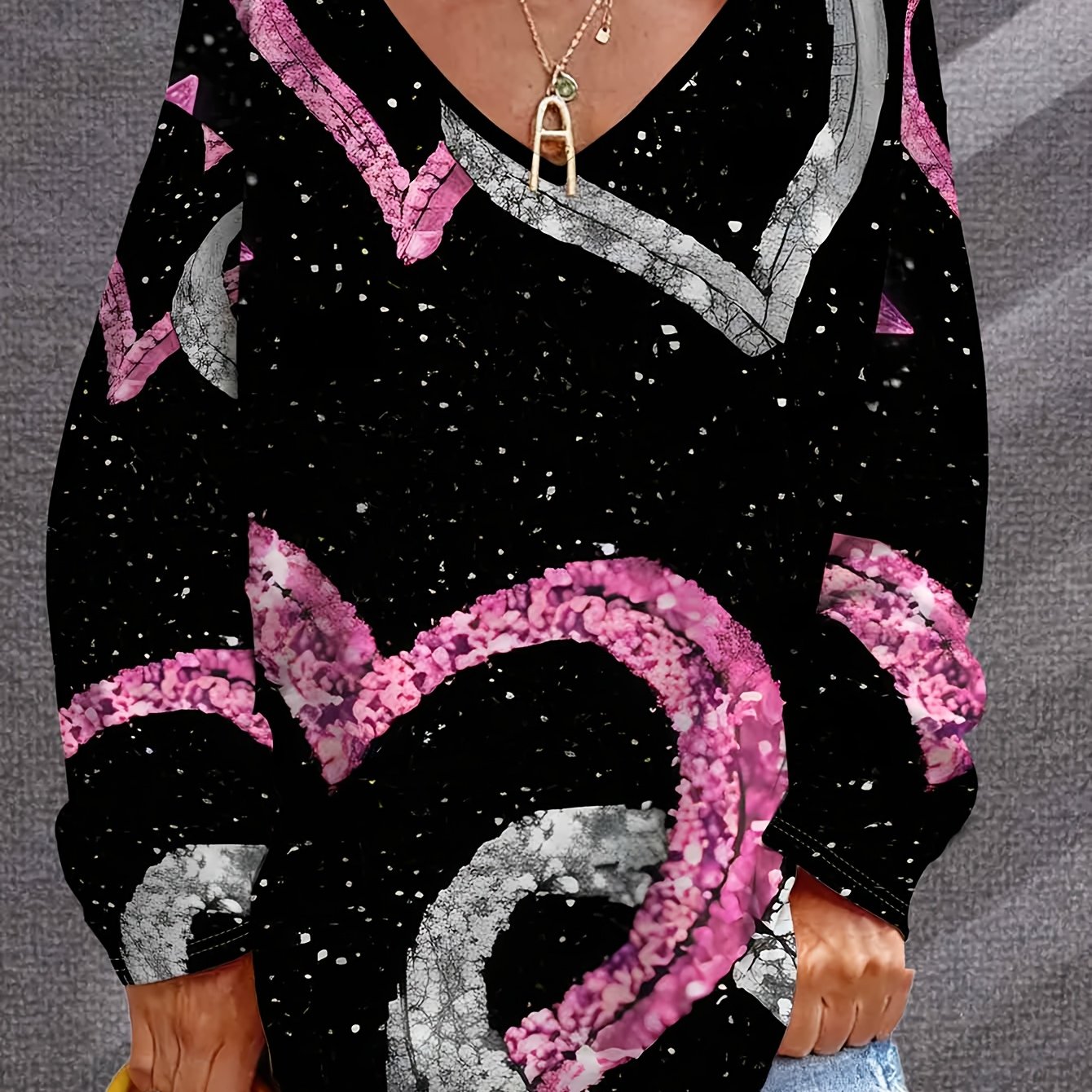 TEMU Pull Femme Grande Taille à Col en V et Paillettes, Haut Décontracté à Noir et Rose, Polyvalent