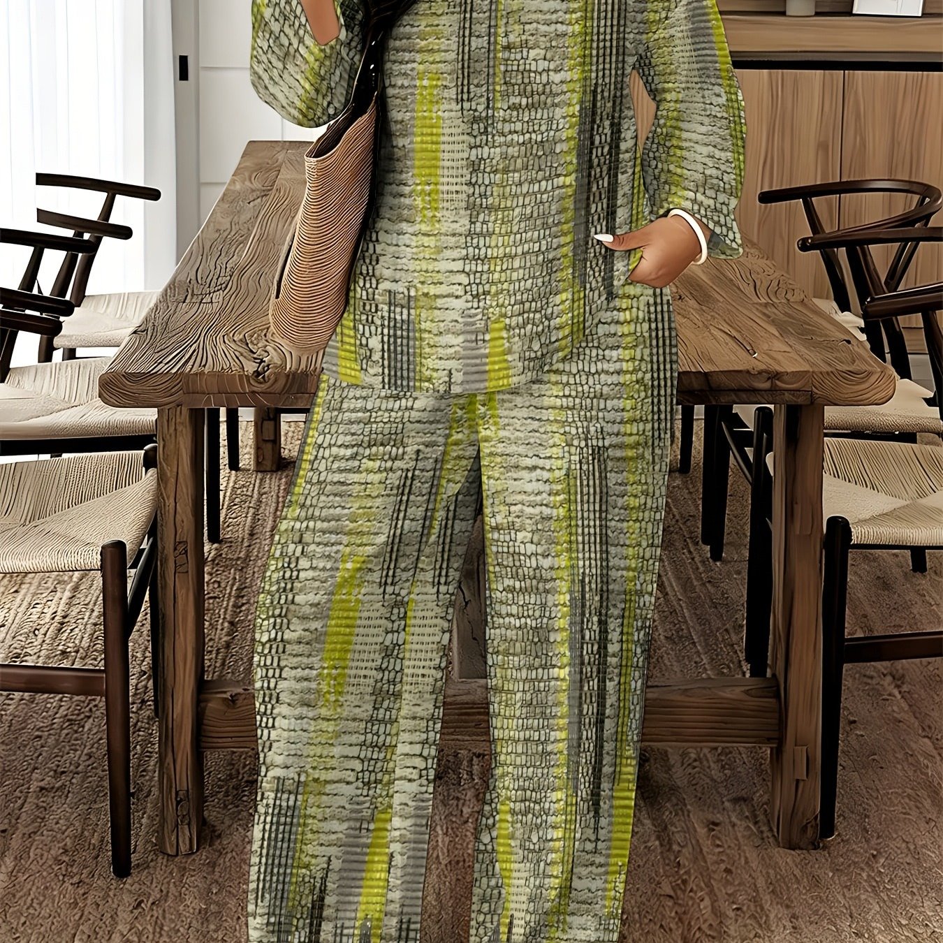 Image of Plus Size, Plus Size Women's Gray Brown Orange Textured 2pcs Set Retro Industrial Cafe Commuter Travel Statement Wide Leg Pants Outfit