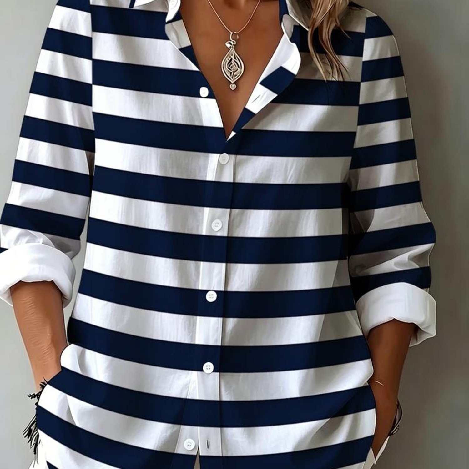 TEMU New Women's Beautiful Printed Long-sleeve Shirt, Navy Style Horizontal Stripe Cardigan Shirt, Printed Design â Not Textured