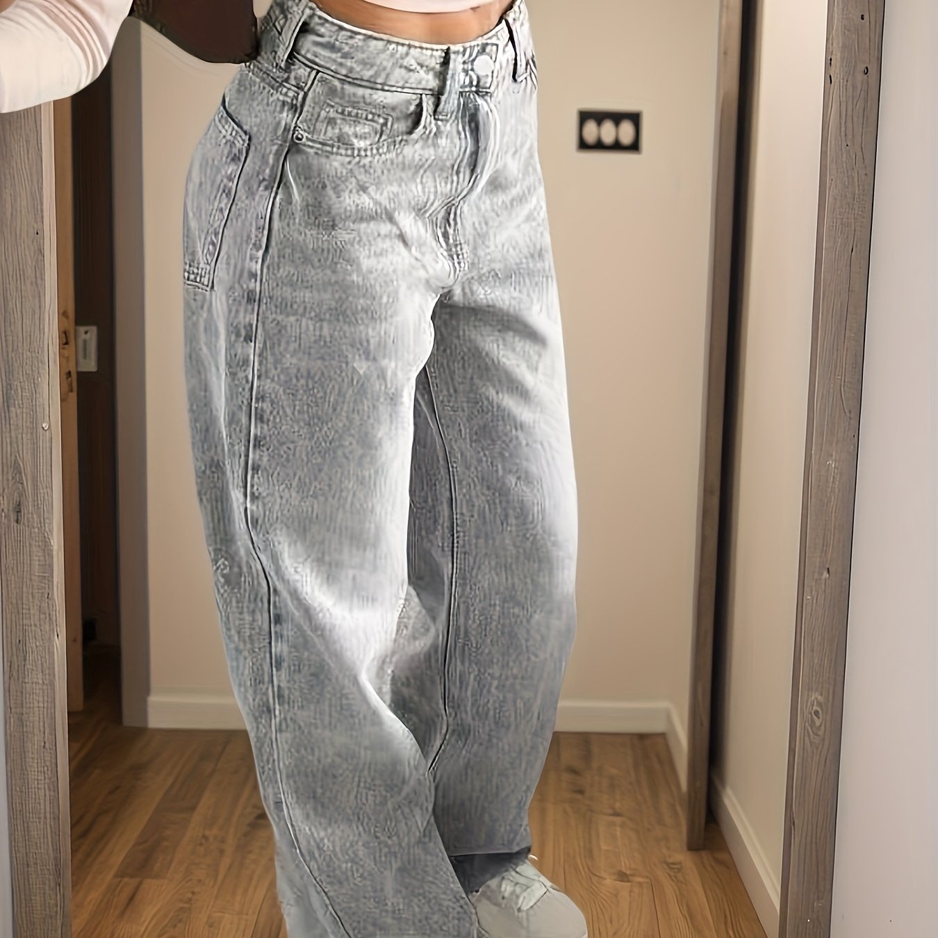 Washed Wide-leg Pants, Vintage Distressed High-waist Cut With Classic Pockets, Drapey Leg-lengthening Style, Retro Trendy , For Teenager, For Teenager Daily Essentials, For Teenager