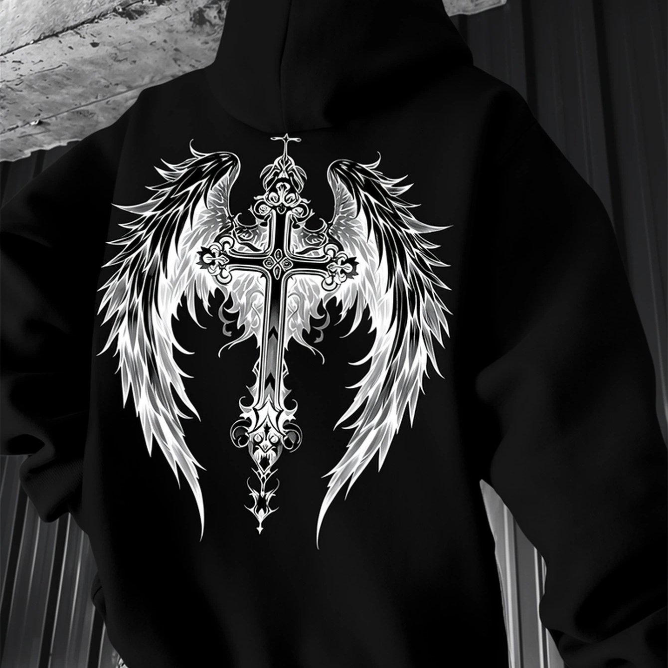 Image of Men's Heavyweight Hoodie With Gothic , Cross Motif On Back, Black Pullover With Kangaroo Pocket And Drawstring Hood, Perfect For Casual Streetwear In Autumn