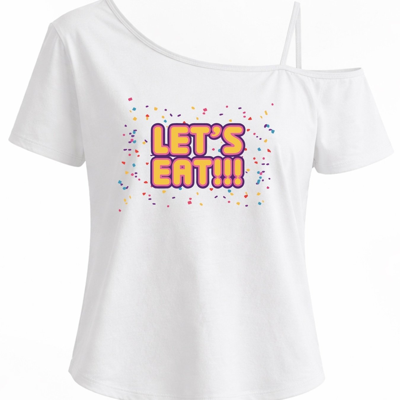 TEMU Off-shoulder T-shirt With " Eat!!!" Print - Short Sleeve Blouse Top, Slanted Strap & One-shoulder, Casual Suitable For - Wear, Machine Washable