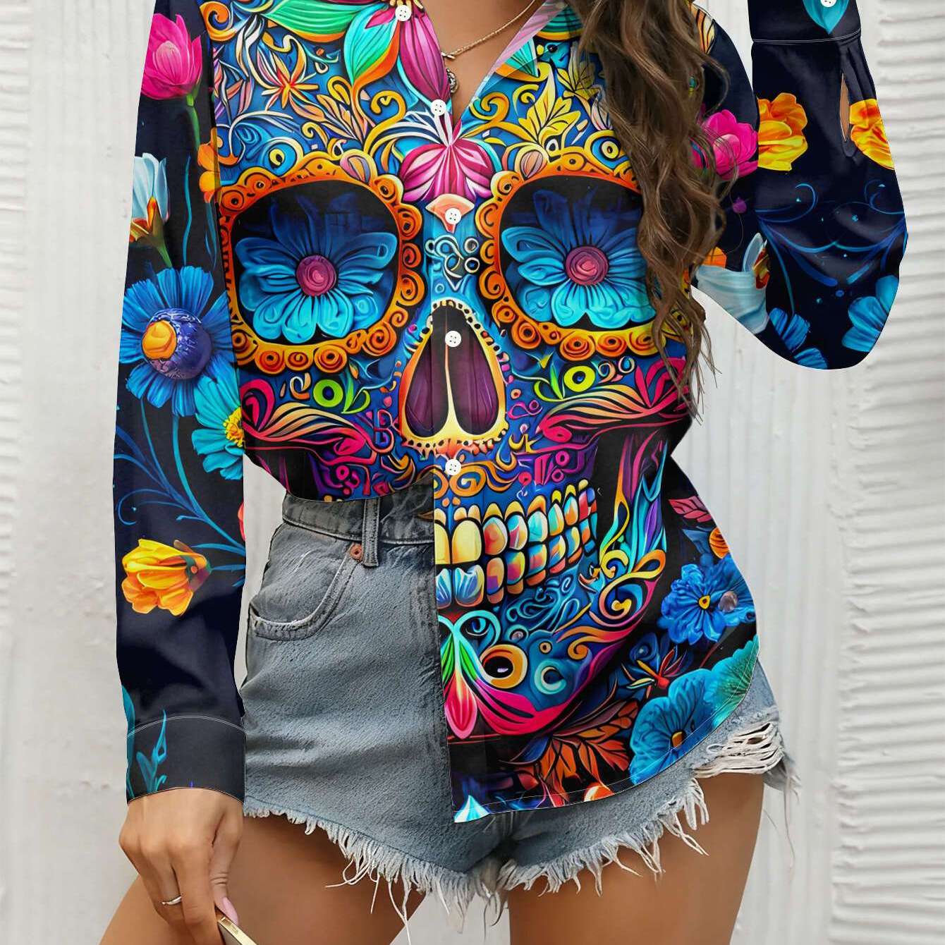 TEMU New Women's Long Sleeve Shirt With Colorful Skull And Floral Embellishments, Vibrant Pattern, Casual Commuter Top, Machine Washable, Button-up