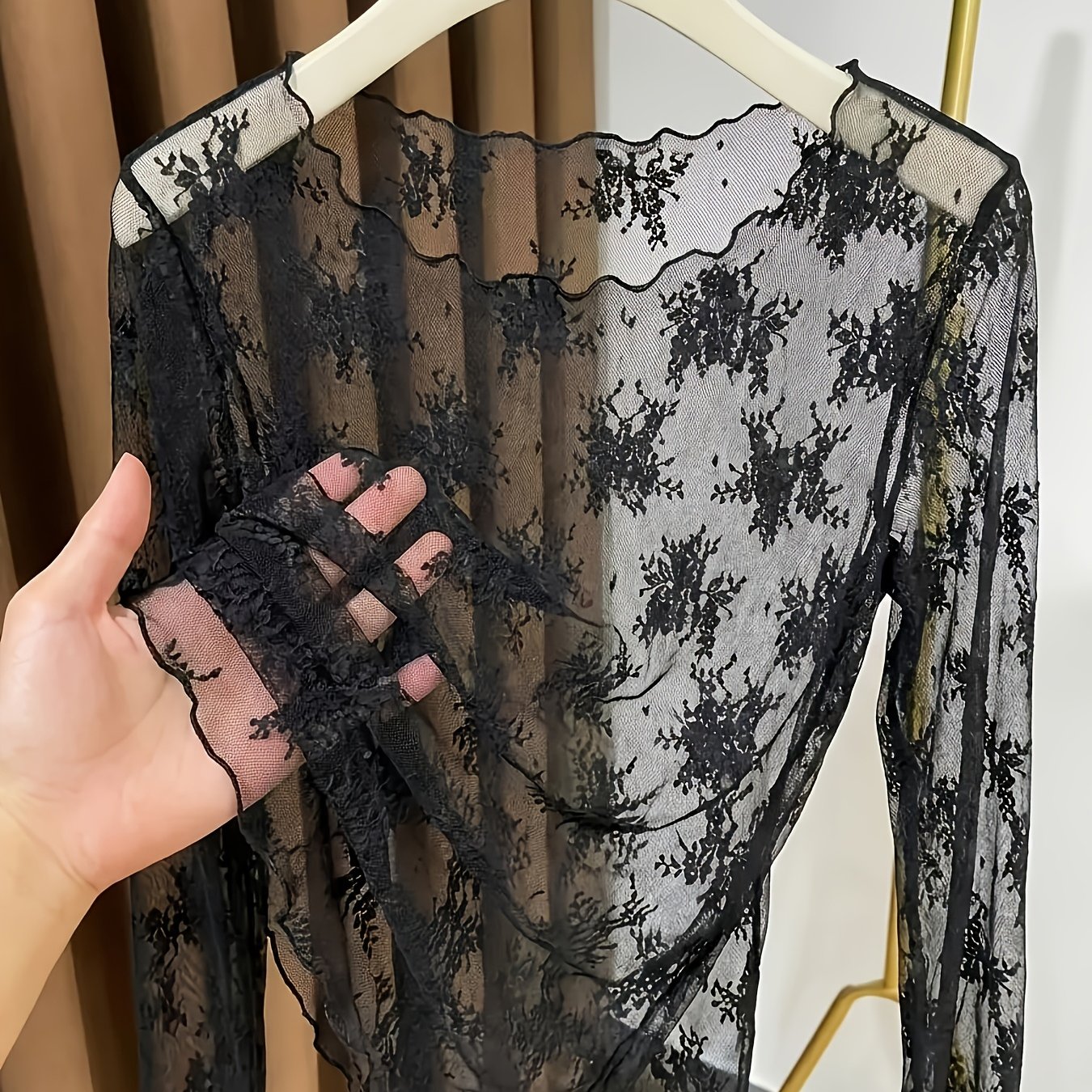 TEMU Elegant Semi-sheer Lace Top - Soft Stretchable Hollow-out Shirt, Breathable Suitable For Wear, Machine Washable Solid With Lace Trim For