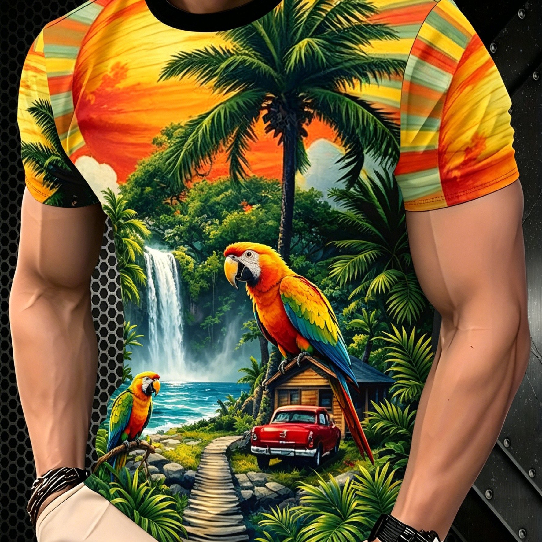 TEMU Parrot And Waterfall In , Retro Contrast Print T-shirt, Flat Print