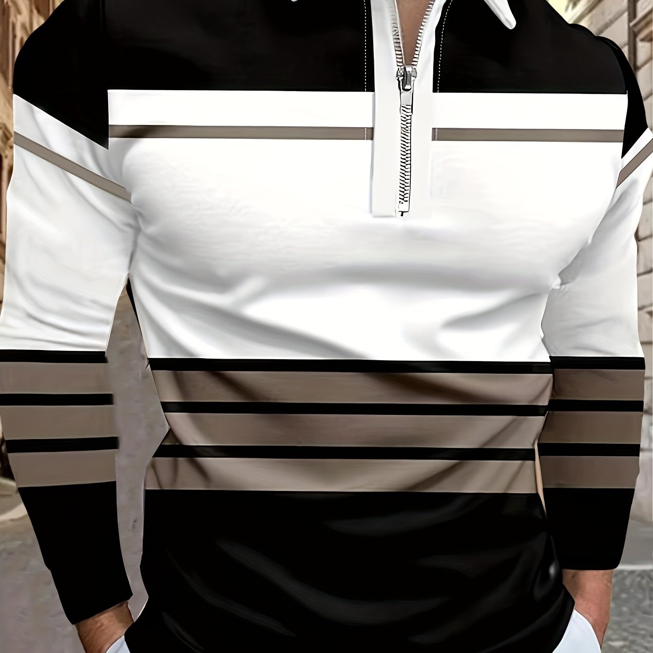 TEMU Men's Long Sleeve Zip-up Collar Shirt, Colorful Striped , Fashion Spring And Autumn Golf Shirt Lapel