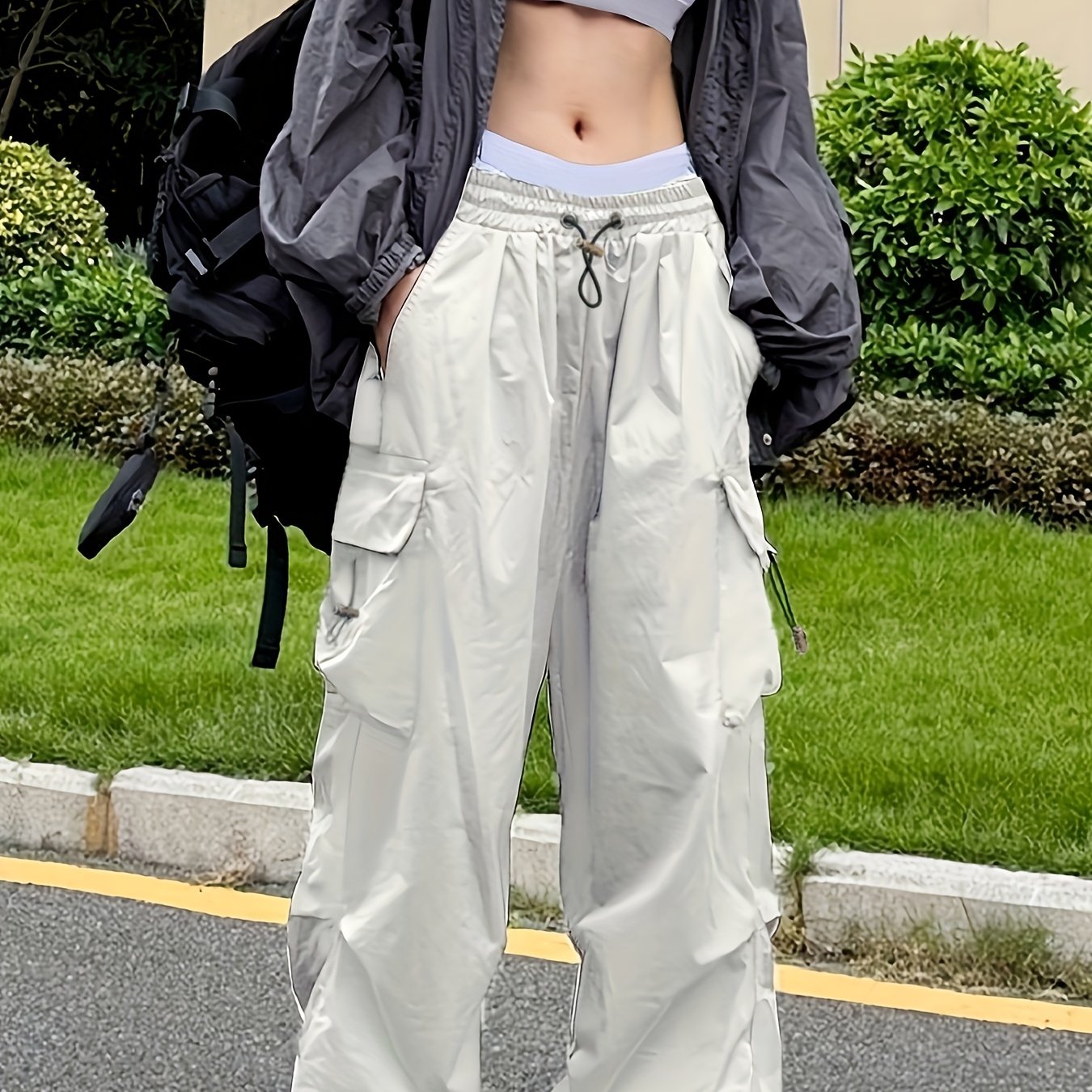 Y2k Draped Cargo Pants Street Wear Solid Drawstring Pants - Temu