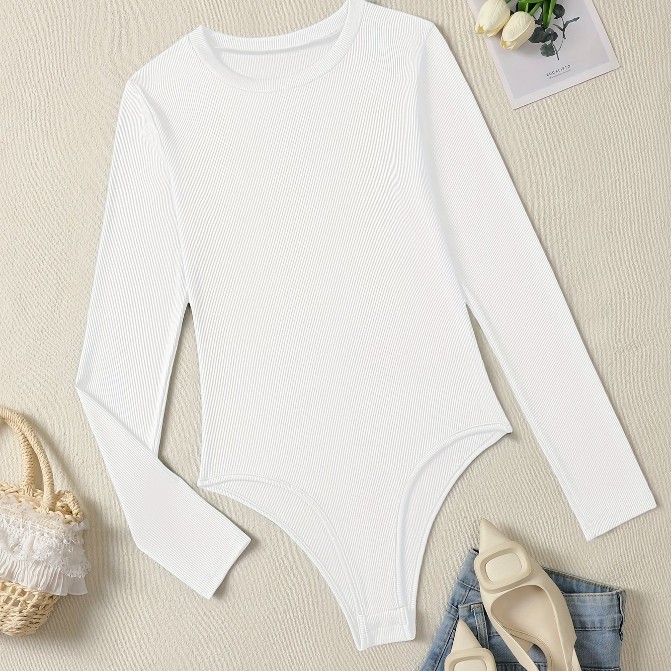 TEMU Ins- Ribbed Bodysuit, Solid Color Long Sleeve Bodycon Base Layer, Versatile Hot Top For Spring And Autumn