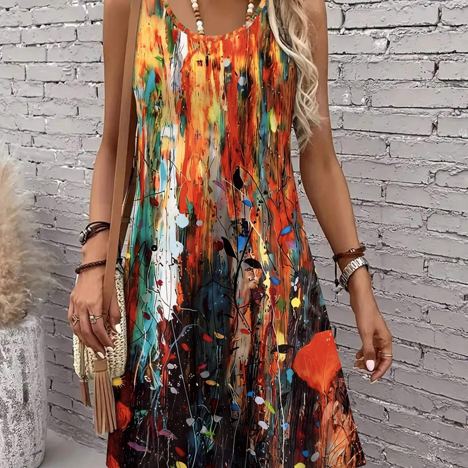 TEMU Printed Design - No Texture, Elegant Vacation Casual Fashion Abstract Painting Tie-dye Gradient Plant Leaf Graphic Breathable Round Neck Women's