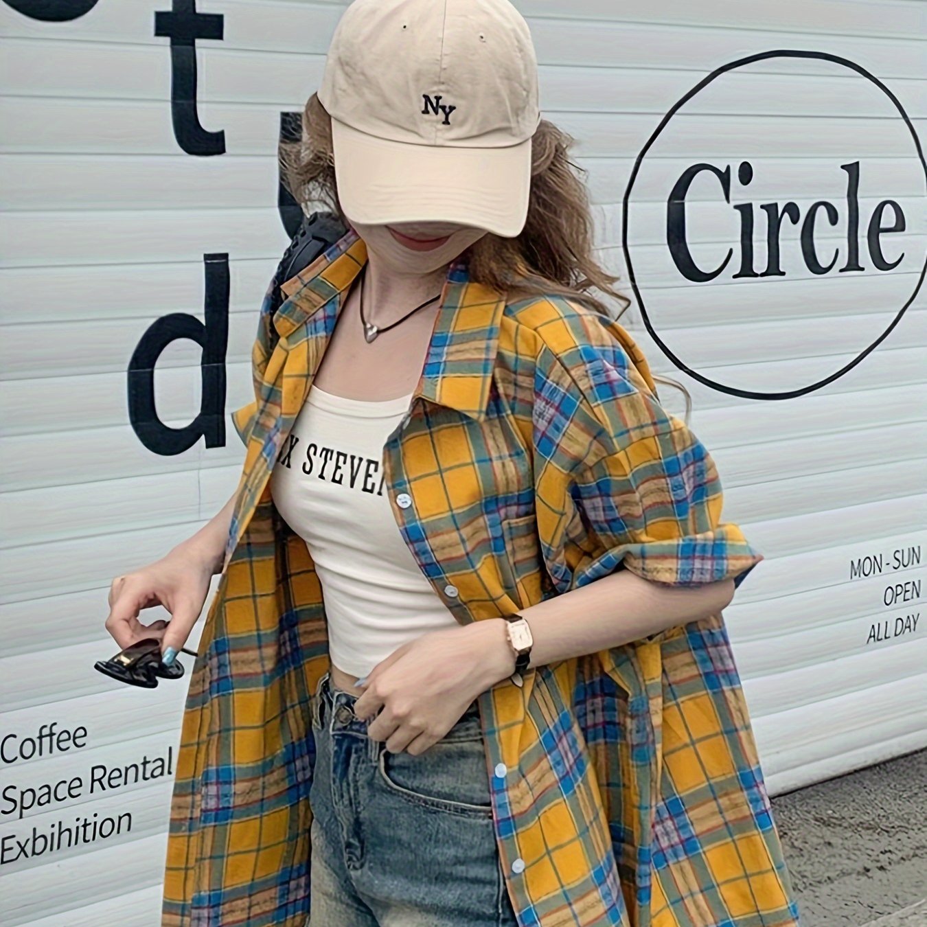 TEMU Vintage Yellow & White Mid-length Women's Shirt - Casual Loose Fit, Polyester, Machine Washable With Drop Shoulder Sleeves & Front Button Closure For Spring/summer, Plus Size Blouses