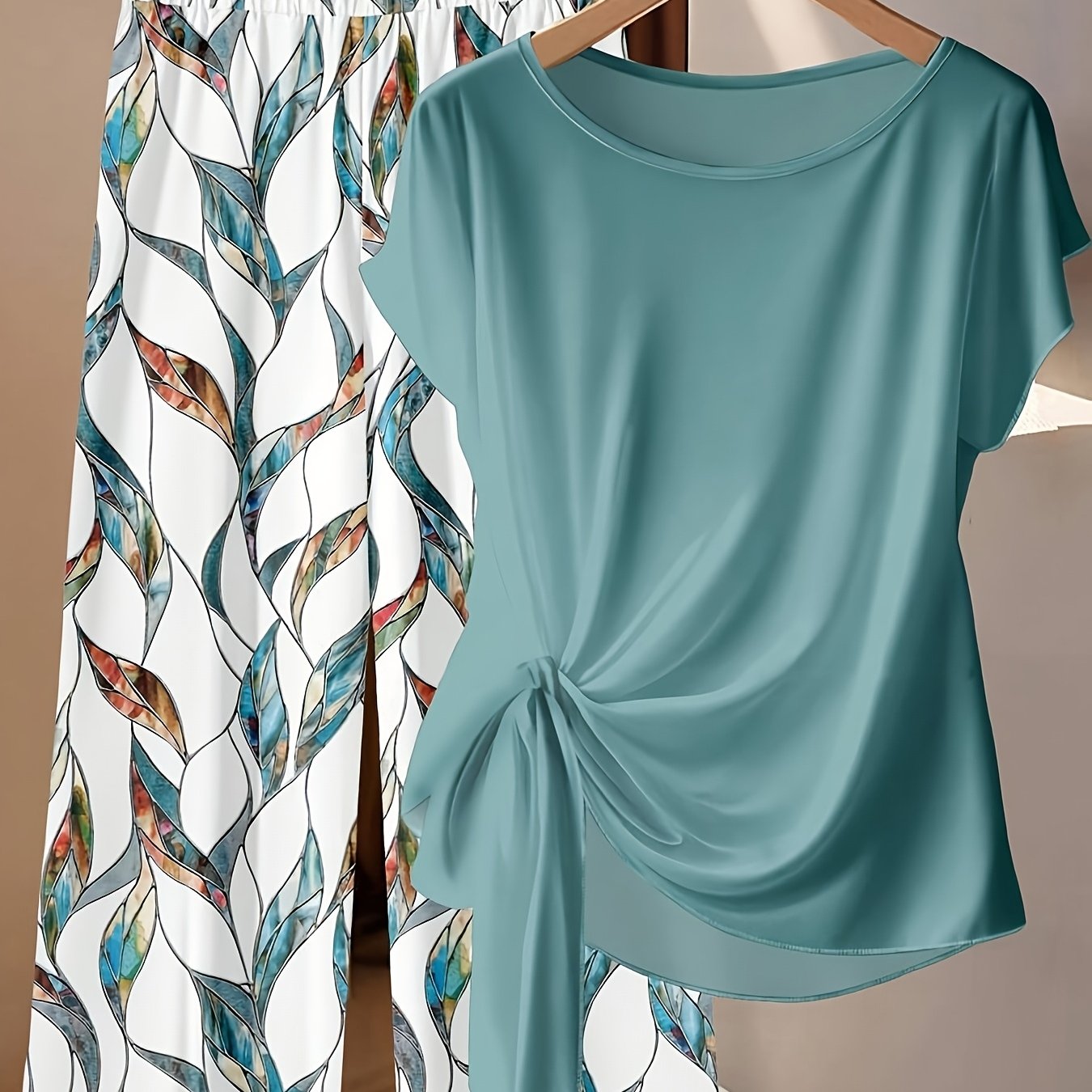 Image of Summer 2pcs Outfit, Women's Casual Minimalist Green Tie-neck Shirt And Loose Straight-leg Geometric Print Pants Set, Suitable For Early Autumn