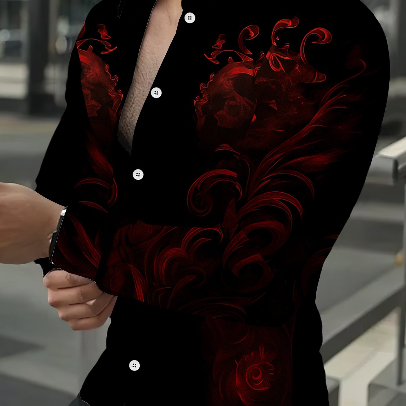 TEMU Men's Black And Red Color- Skull Pattern Long-sleeved Shirt, Trendy Dark Style Slim-fit Casual Shirt