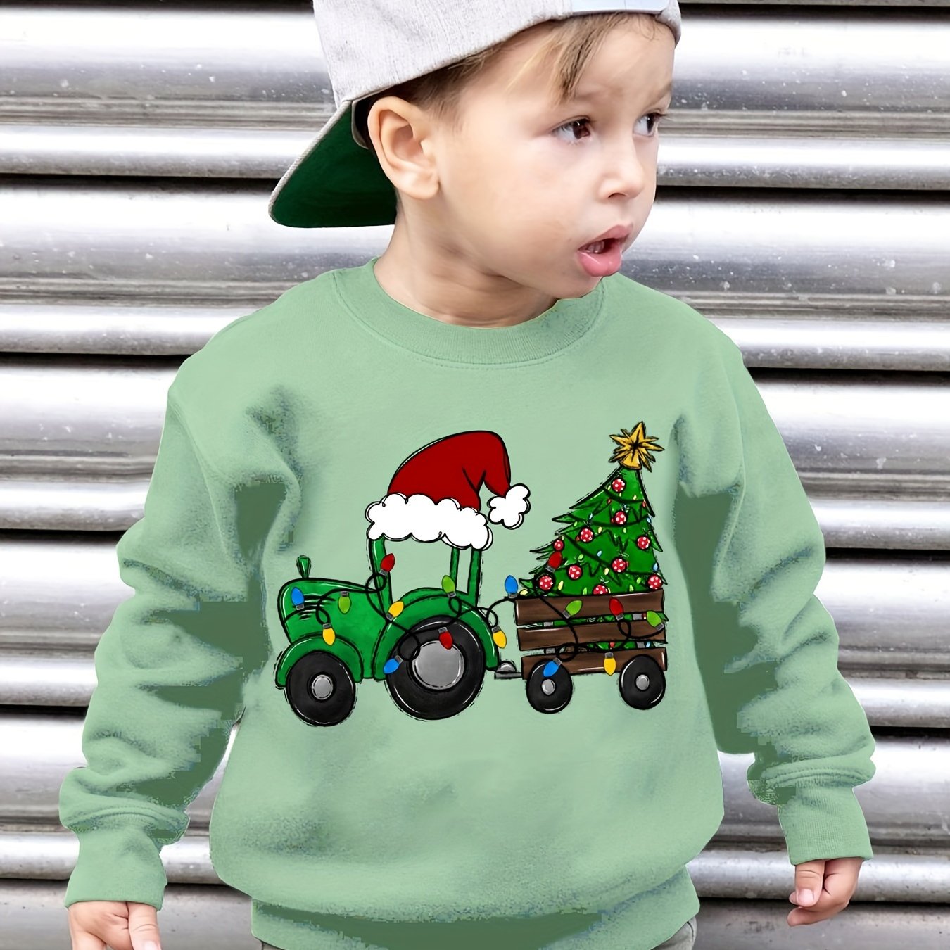 Boys' Autumn Fleece Sweatshirt Tractor With Christmas Tree Print Christmas Element Casual Long Sleeve Pullover