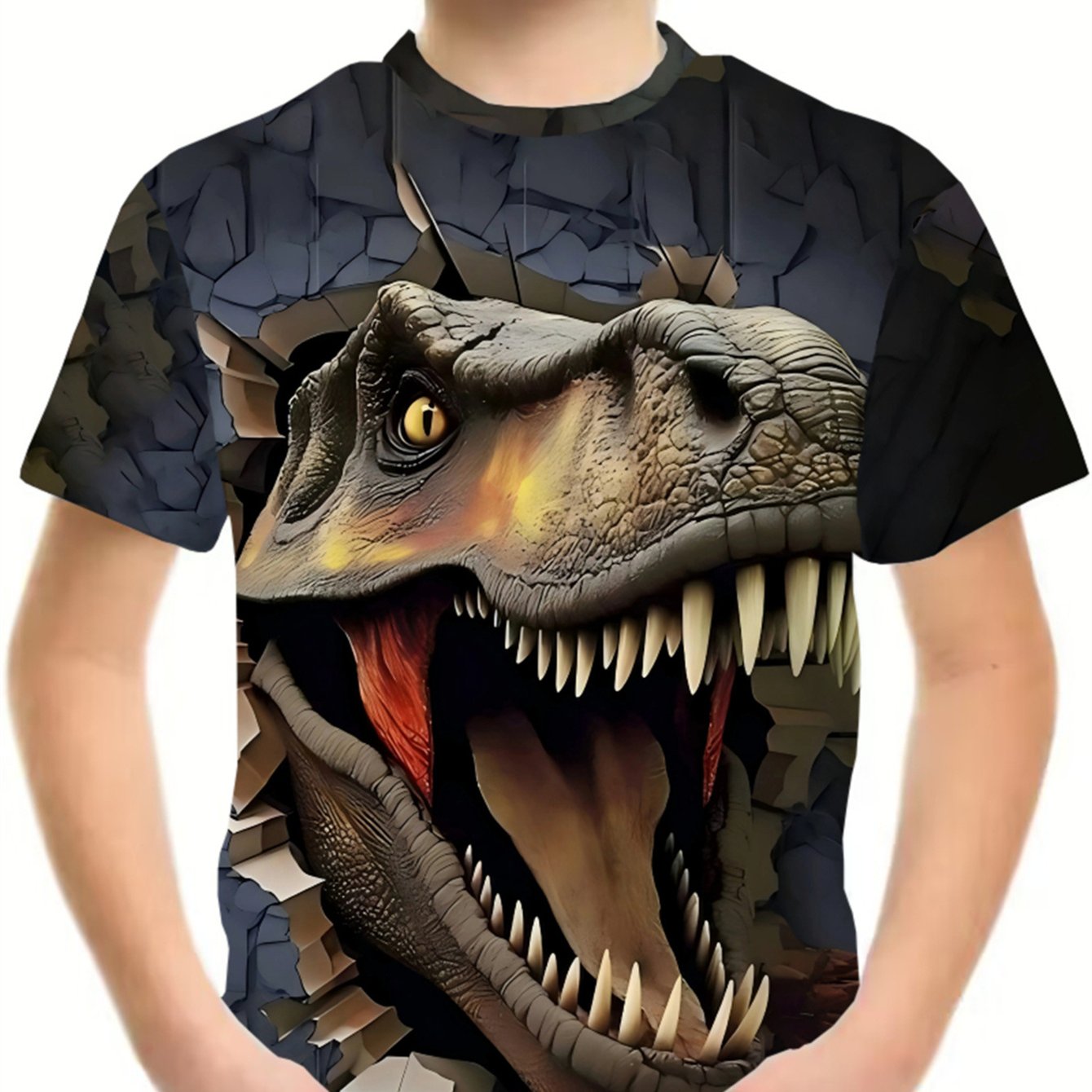 TEMU Children's Dinosaur Forest Animal Party 3d T-shirt, Polyester Material, Casual Loose Fit Round Neck T-shirt With Stretch Knit Top, Suitable For