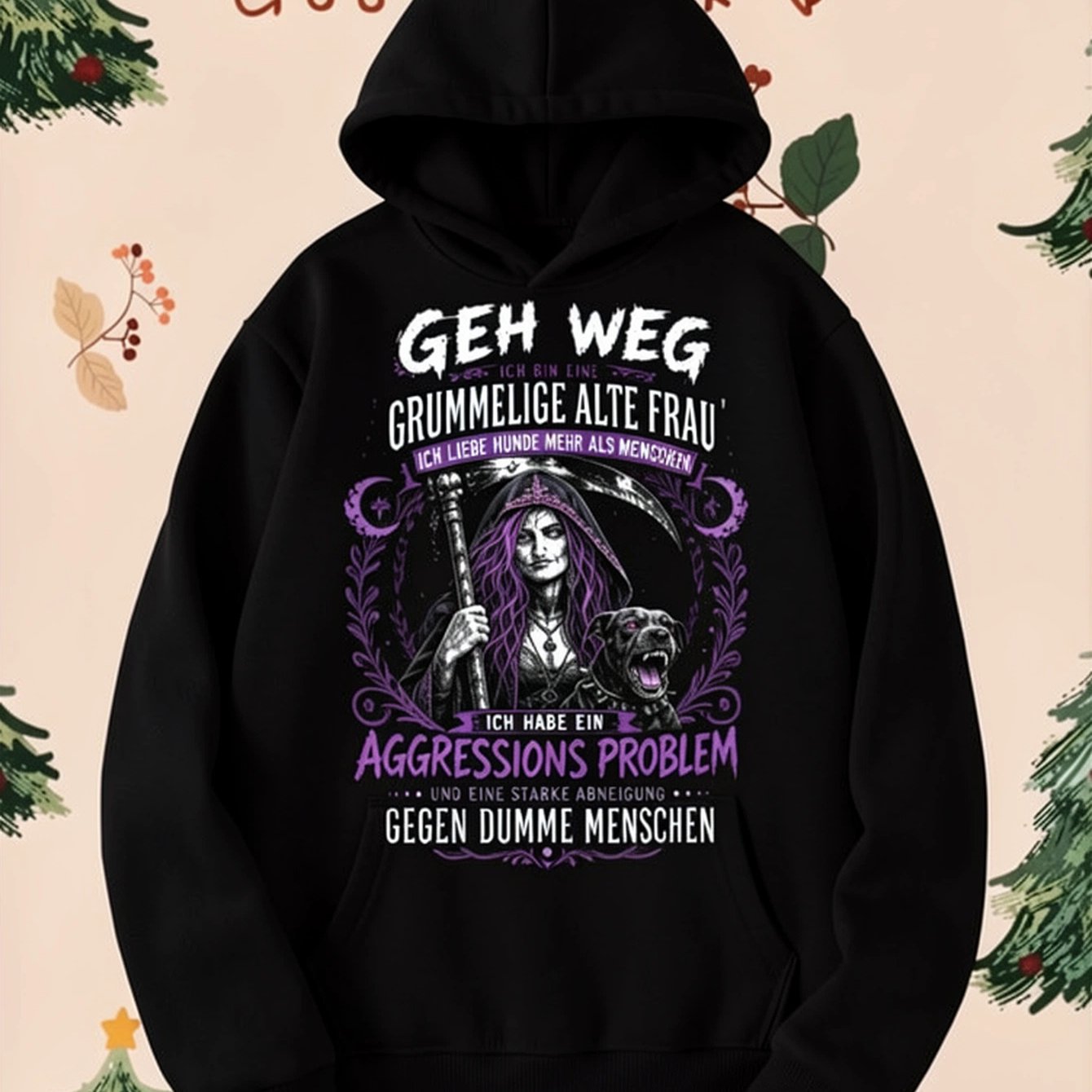 Image of German ", I'm A Old Woman" Hoodie, Dark Reaper Woman And Graphic Sweatshirt, Unisex Long Sleeve Pullover With Drawstring Hood And Kangaroo Pocket, Gothic Streetwear For Fall Winter Daily Wear