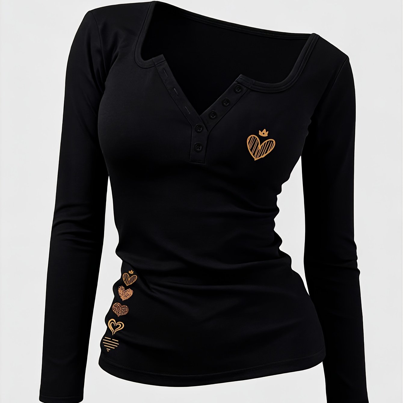 TEMU Heart Pattern Women's Hot Outfit Button-up Sexy Design Non-v Neck Long Sleeve T-shirt, A Revealing Y2k/casual/sporty/tube/fashionable/elegant,