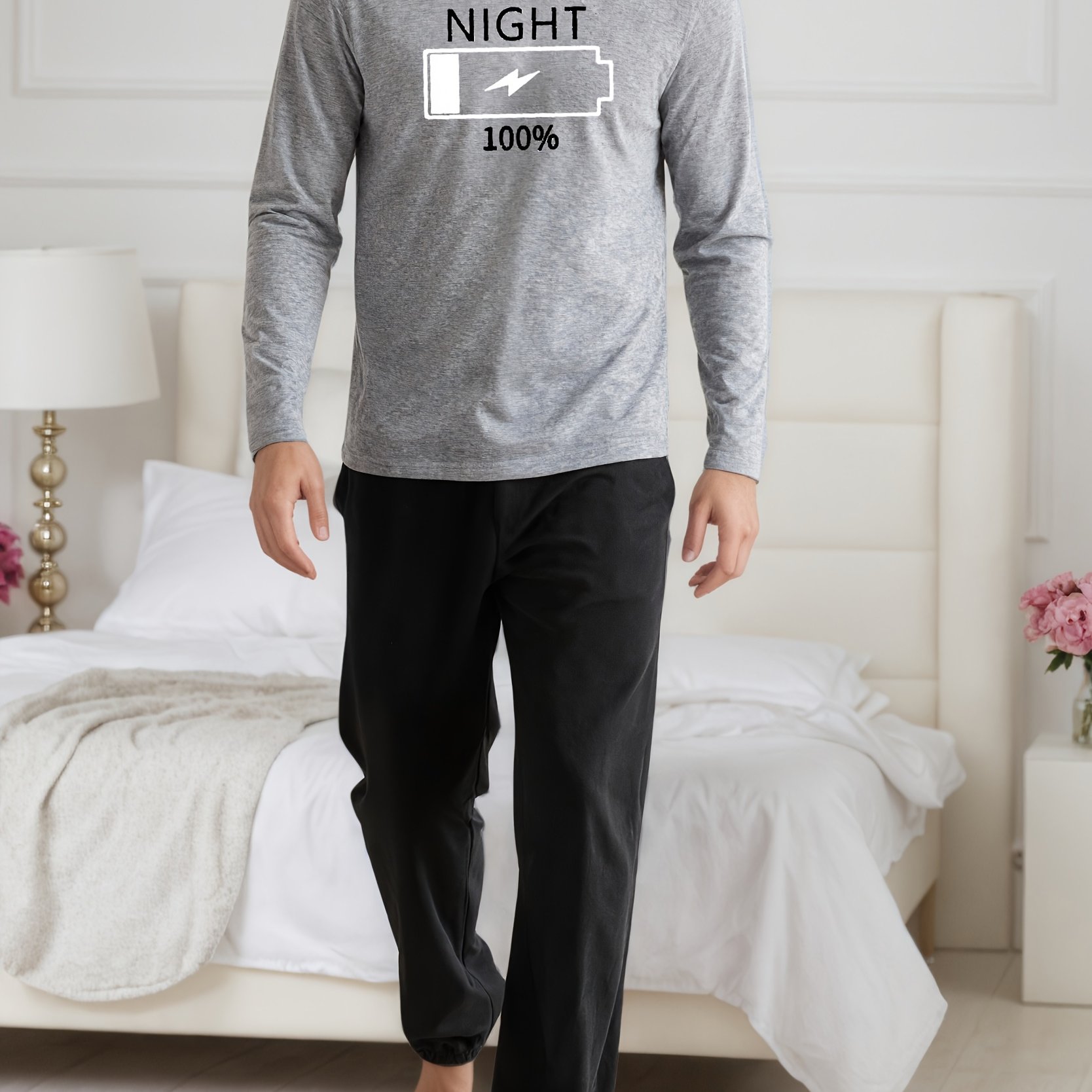 Men's Casual Round Neck Long-sleeved Printed Top With Solid Color Trousers Set 2pcs, , Comfortable And Casual