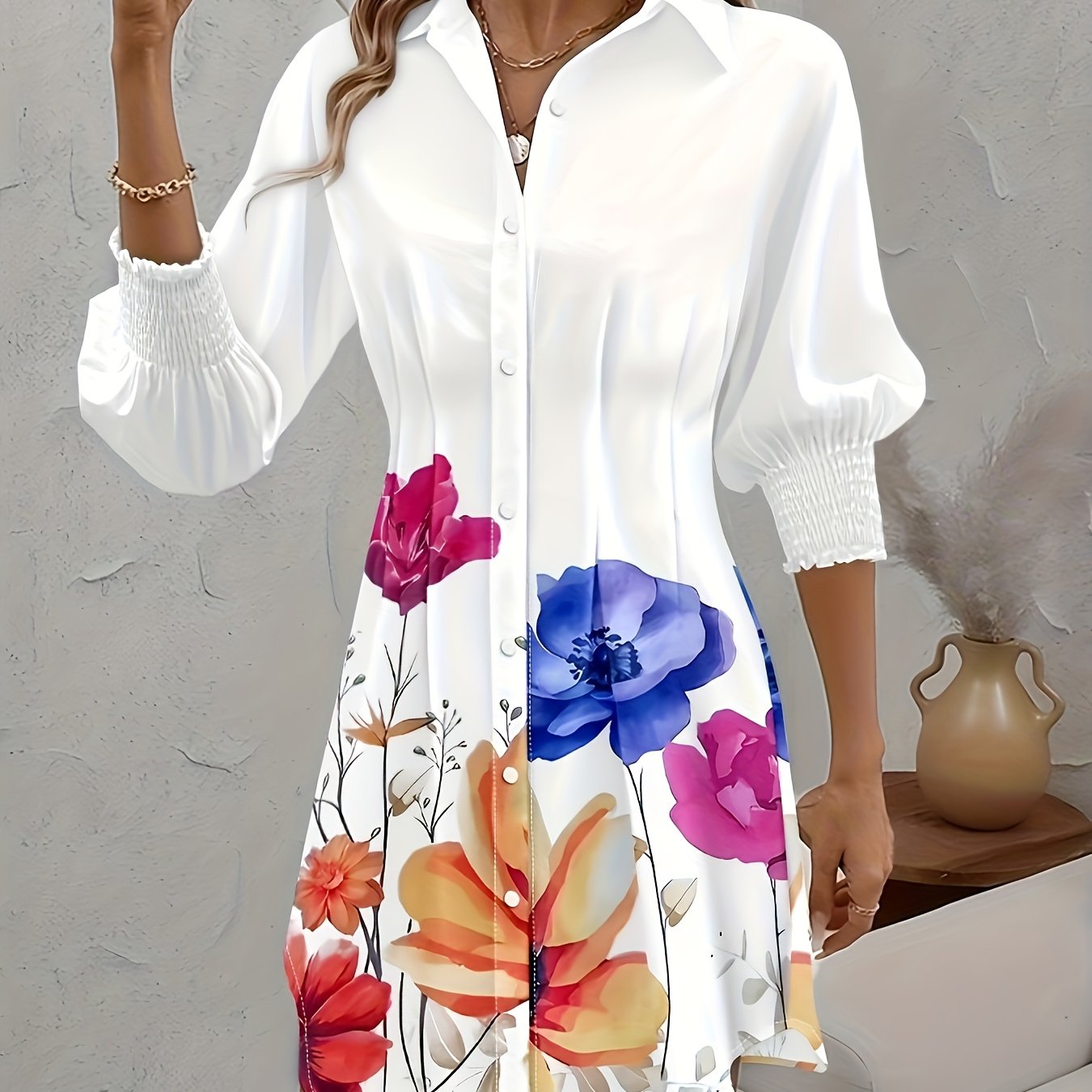 TEMU 2026 New Arrival, Spring/summer Women's Fashion Floral Print Lapel Button Pleated Design Loose Shirt Dress