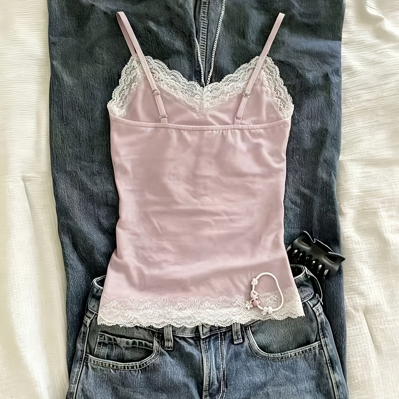 TEMU Débardeur Cami à Col en V avec Bordure en Dentelle, Style Amincissant, Haut de Base Ajustant la Taille - Gawen