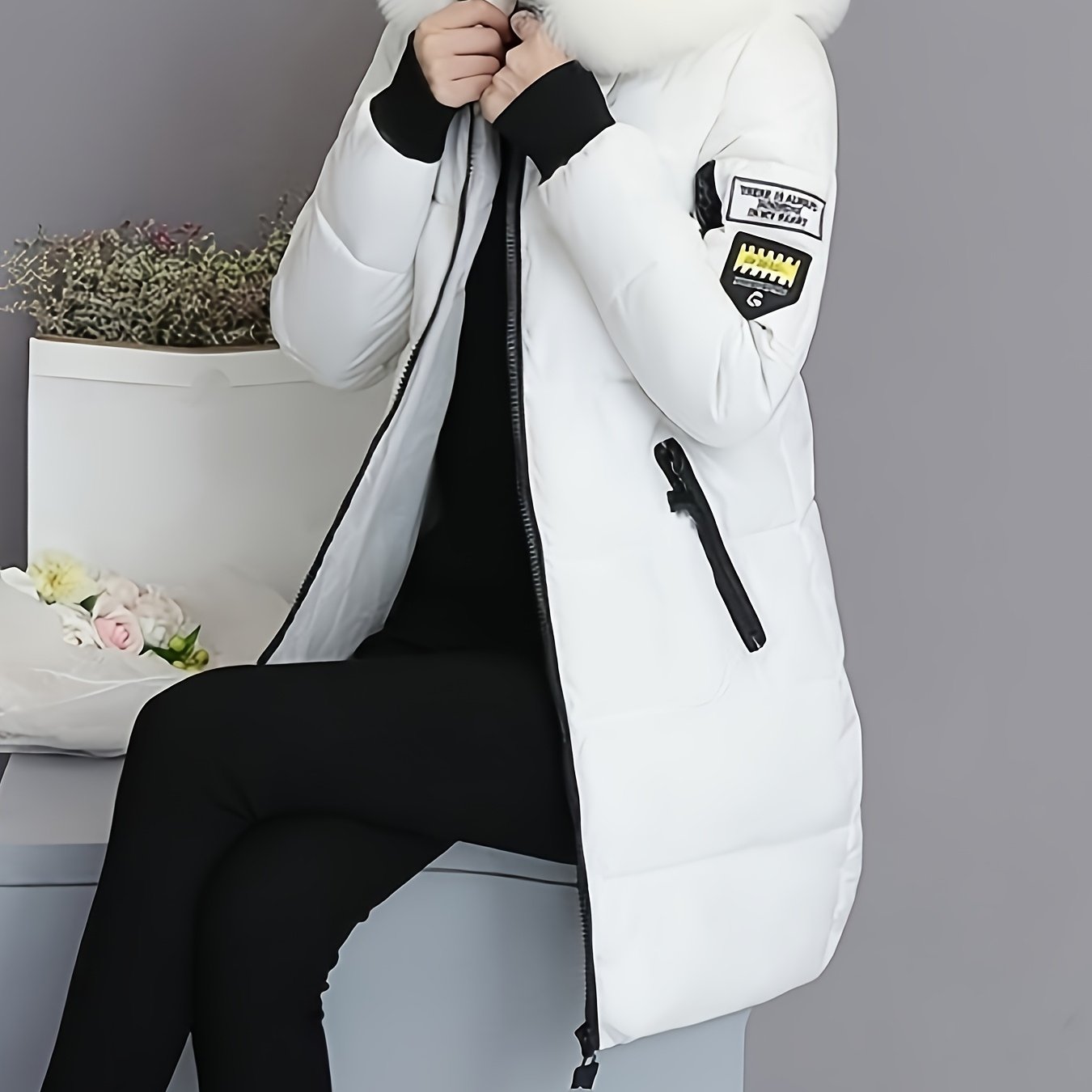 TEMU Stylish Solid Color Large Collar Hooded Mid-length Padded Coat For Decoration, Long Sleeves, Overlock Stitching, Quilted, Zipper Pockets, Loose