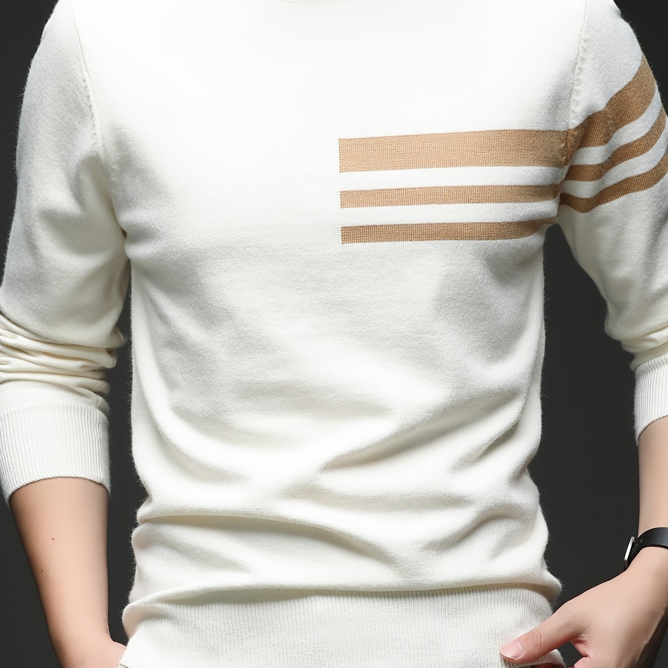 TEMU [starry ] 2025 Fall Winter Men's Long Sleeve Round Neck Striped Pullover Sweater, Athletic Thick Knit