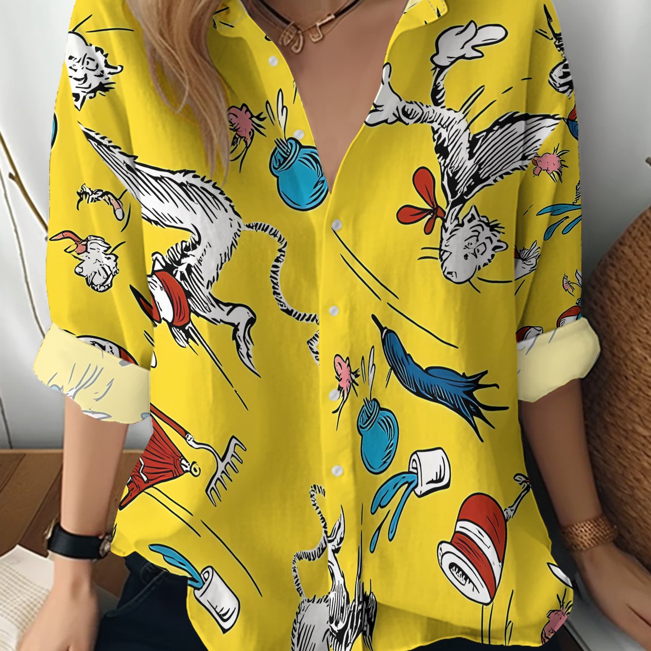 TEMU New Women's Long-sleeve Shirt With A Pattern Of Elements Such As A Hat-wearing Cat, Hats, And Blue Balls On A Yellow Background. A Versatile